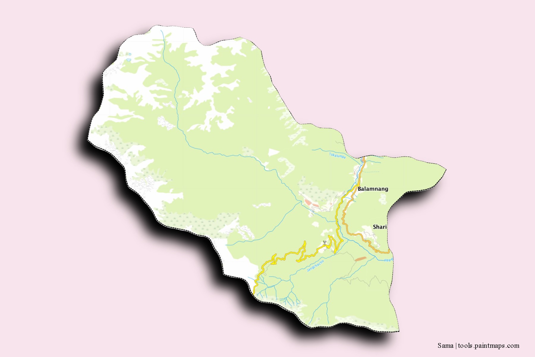 Mapa de barrios y pueblos de Sama con efecto de sombra 3D