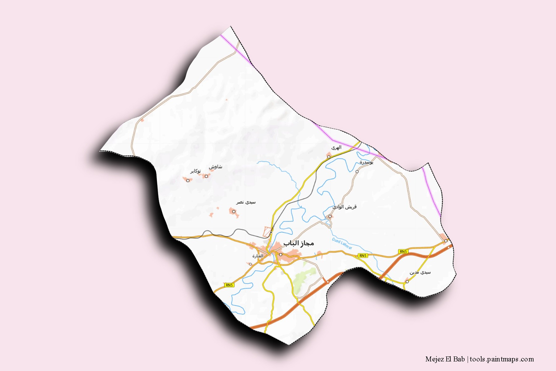 Mapa de barrios y pueblos de Mejez El Bab con efecto de sombra 3D