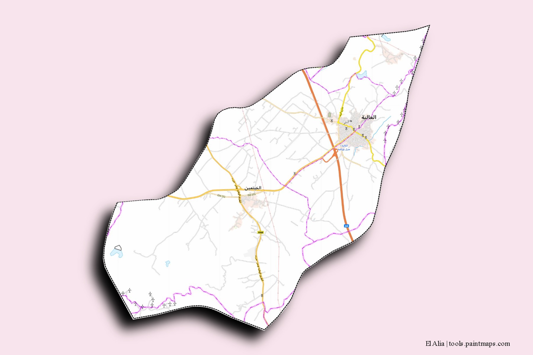 Mapa de barrios y pueblos de El Alia con efecto de sombra 3D