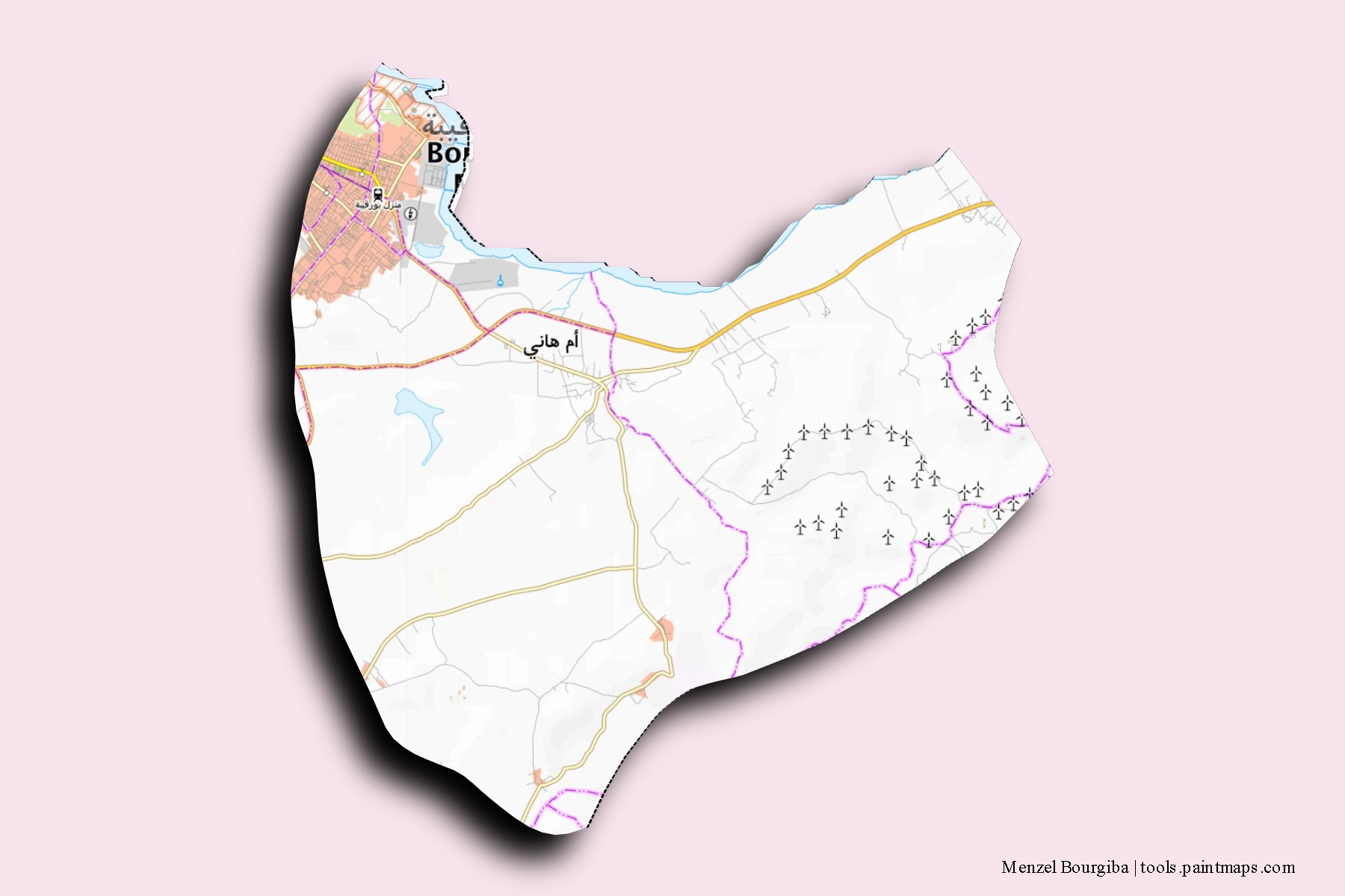 3D gölge efektli Menzel Bourgiba mahalleleri ve köyleri haritası