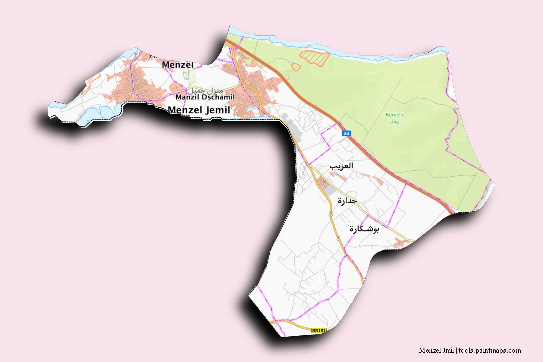 Menzel Jemil neighborhoods and villages map with 3D shadow effect