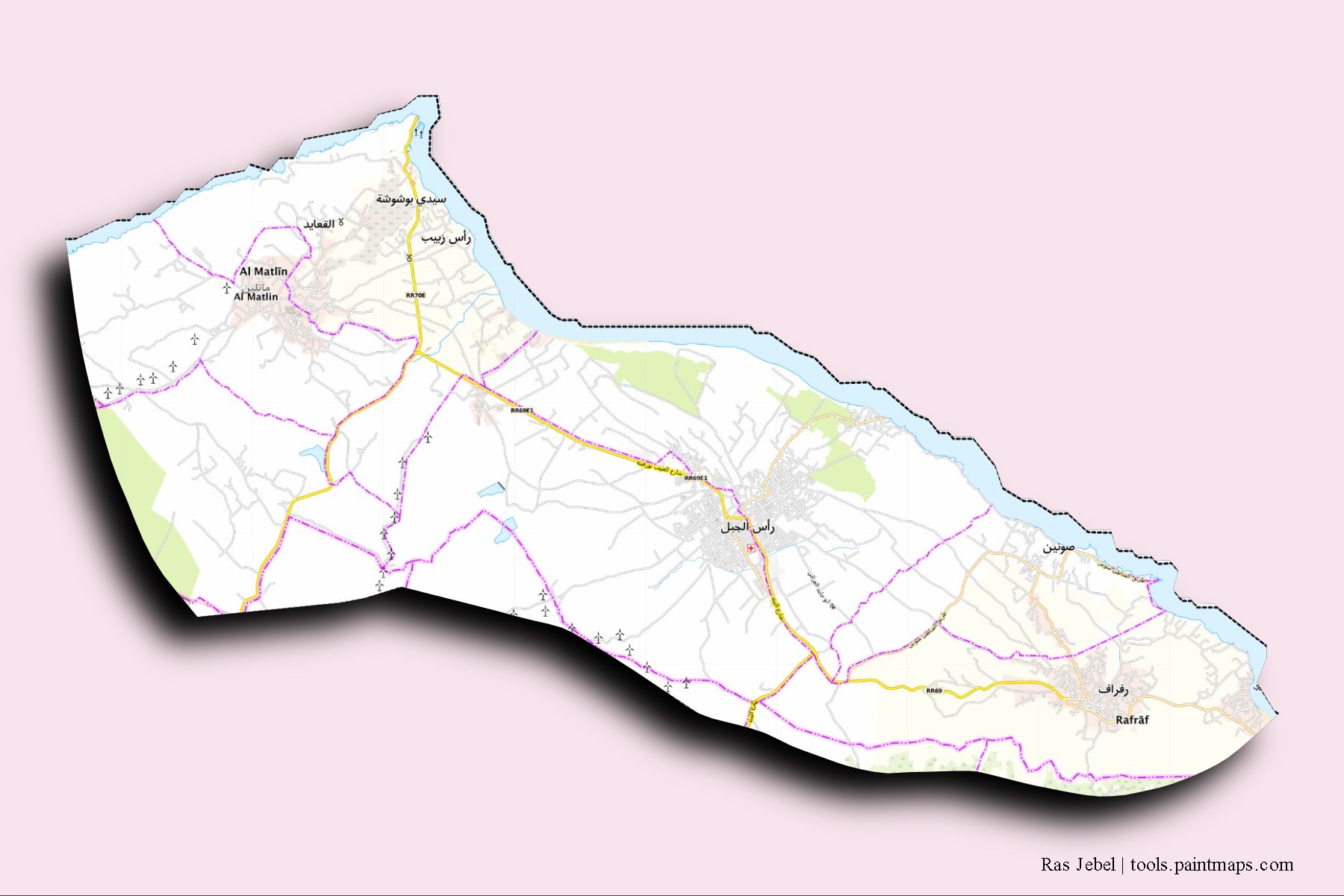 Ras Jebel neighborhoods and villages map with 3D shadow effect