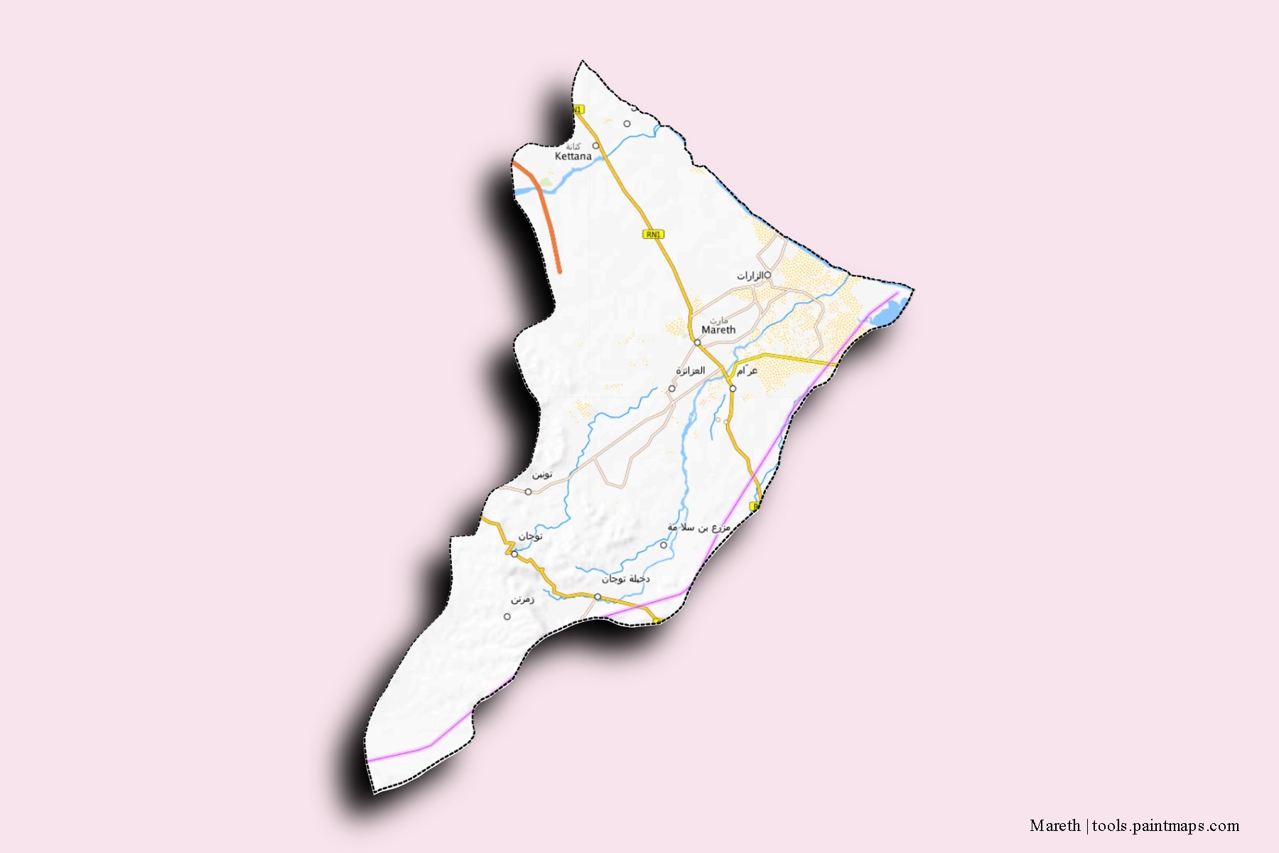 Mapa de barrios y pueblos de Mareth con efecto de sombra 3D