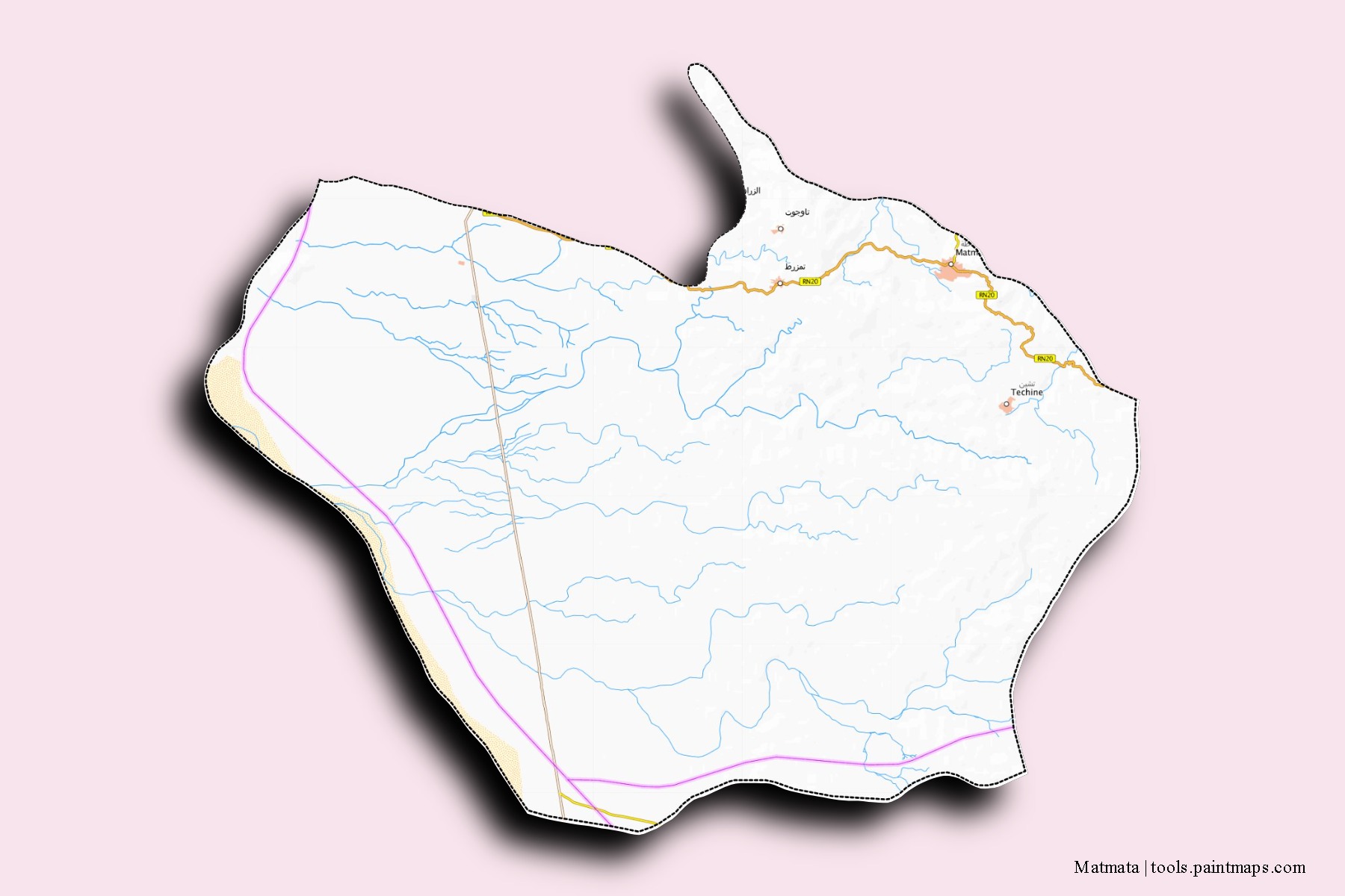 Matmata neighborhoods and villages map with 3D shadow effect