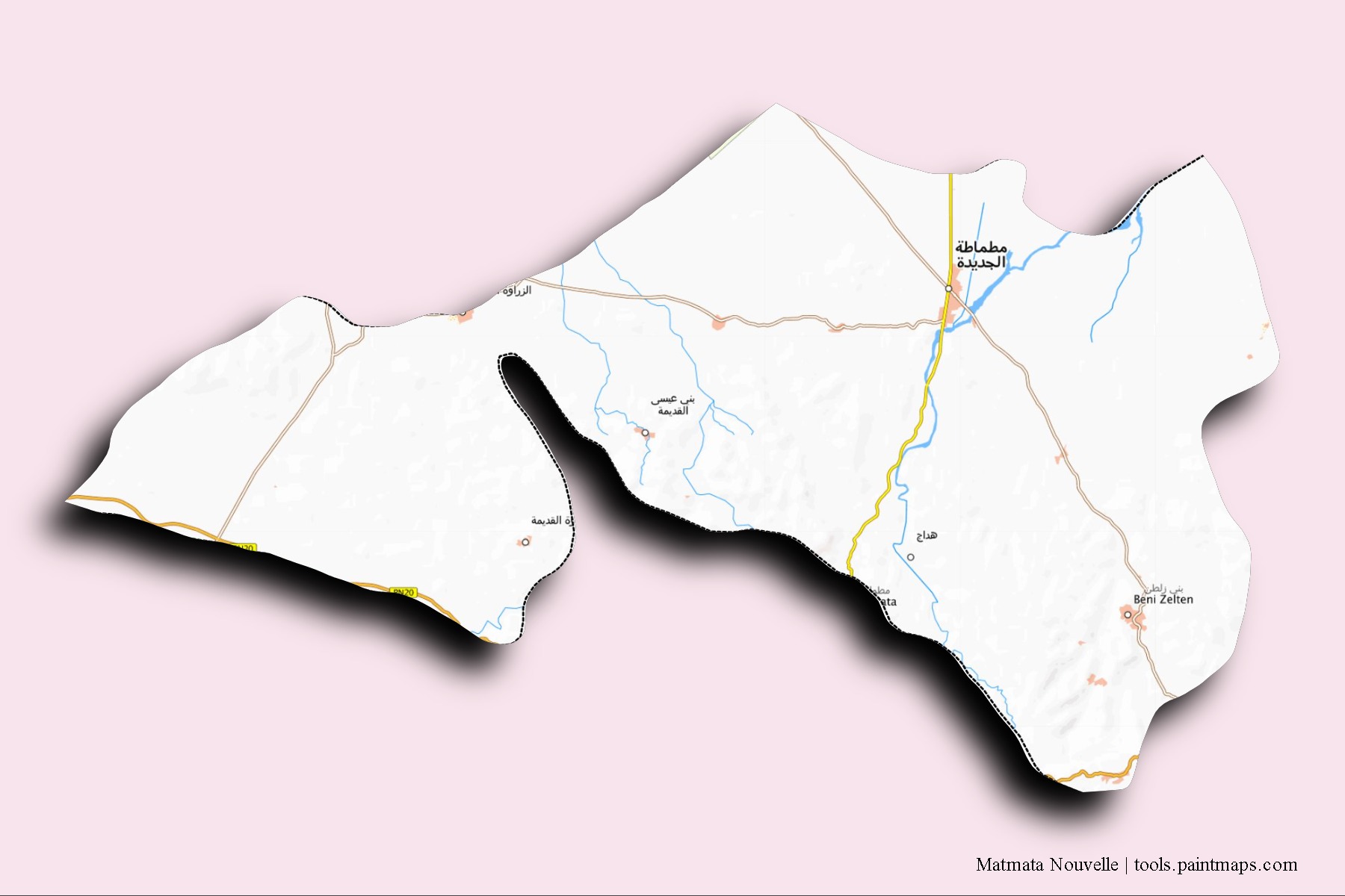 Mapa de barrios y pueblos de Matmata Nouvelle con efecto de sombra 3D