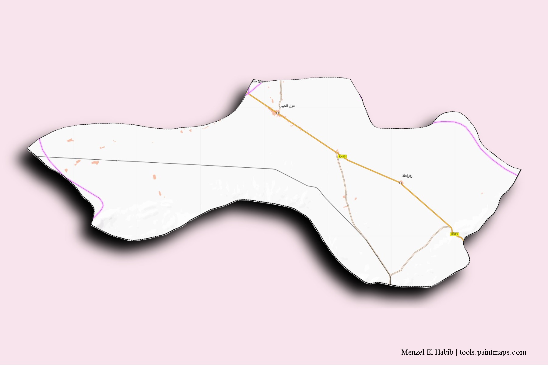 Mapa de barrios y pueblos de Menzel El Habib con efecto de sombra 3D