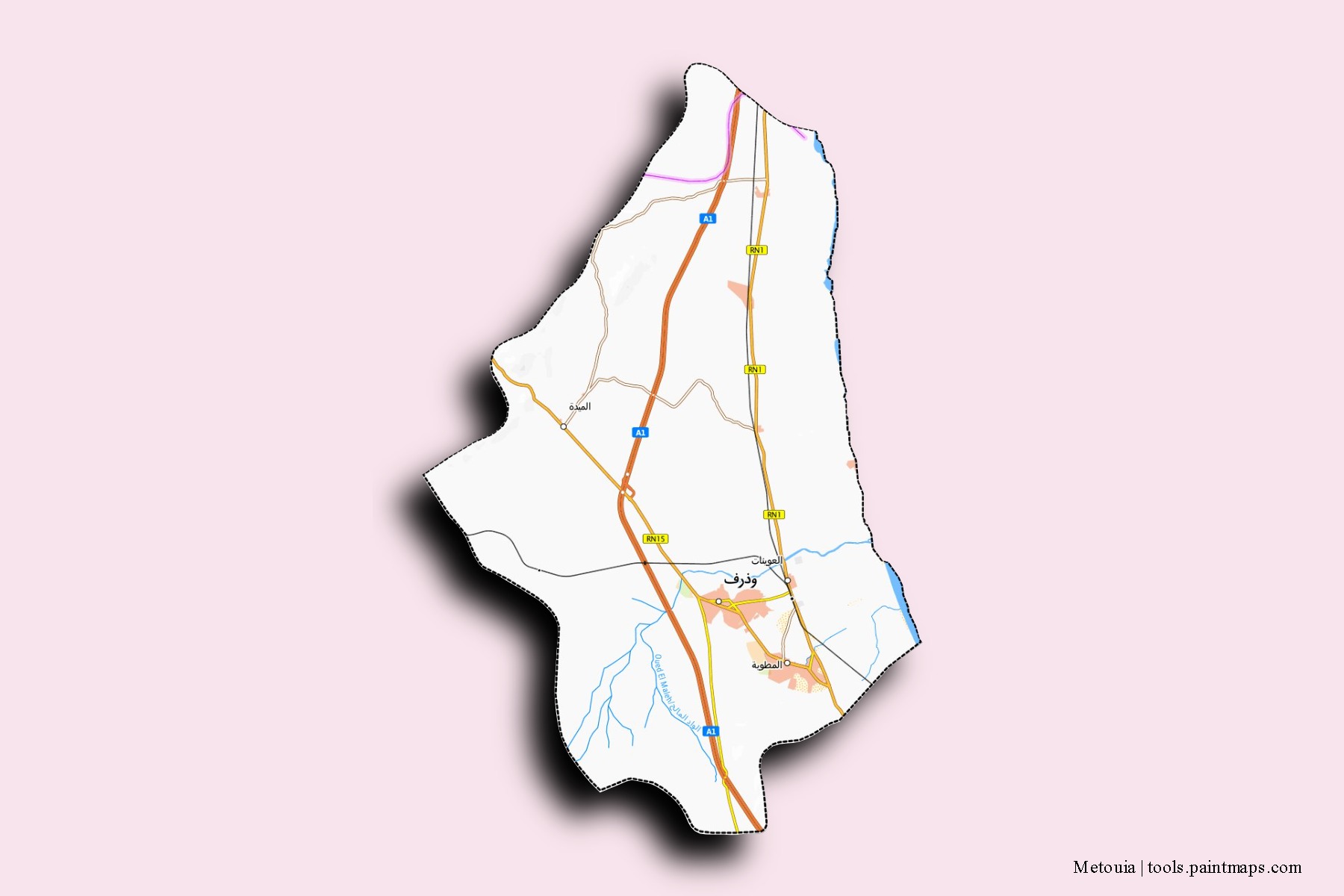 Metouia neighborhoods and villages map with 3D shadow effect