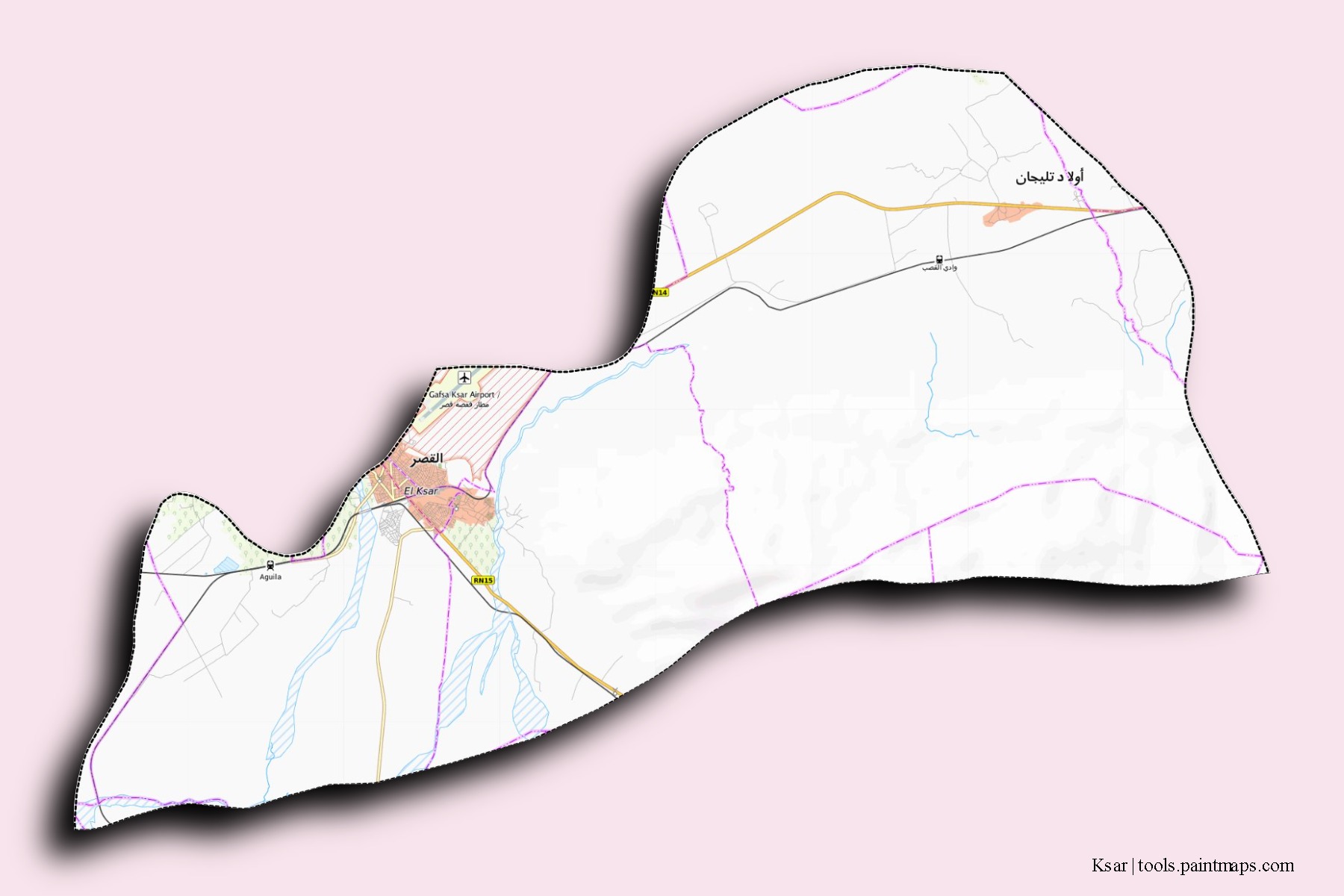 Mapa de barrios y pueblos de Ksar con efecto de sombra 3D