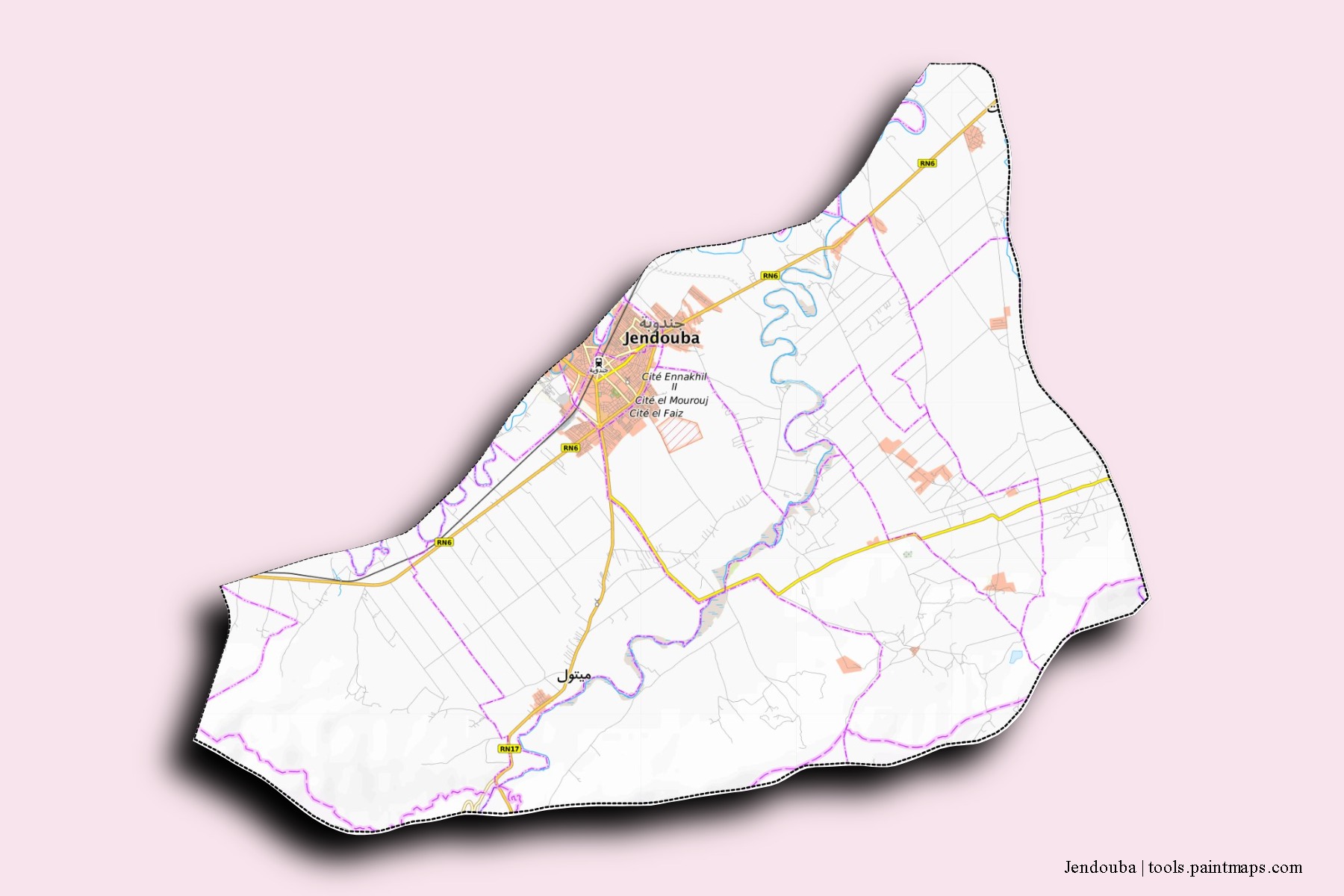 Jendouba Sud neighborhoods and villages map with 3D shadow effect