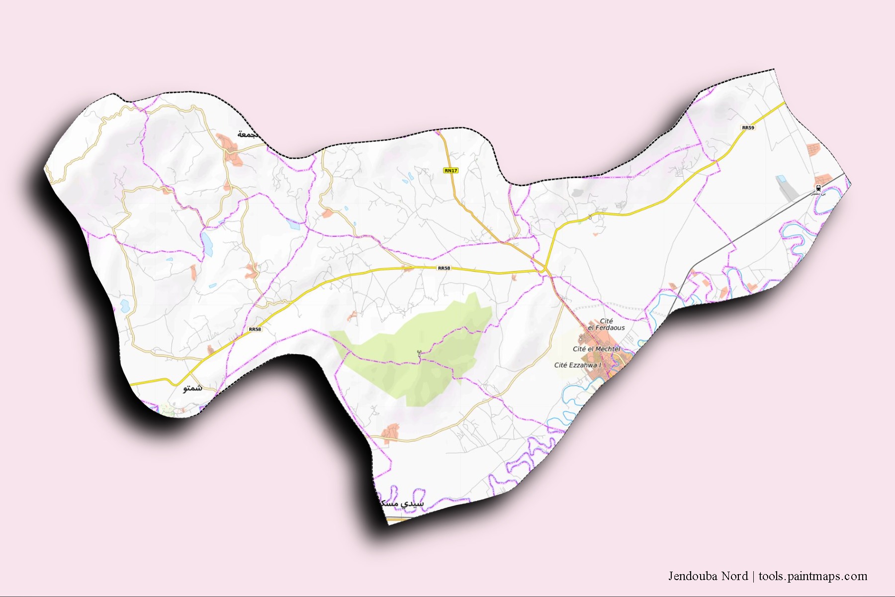 Jendouba Nord neighborhoods and villages map with 3D shadow effect