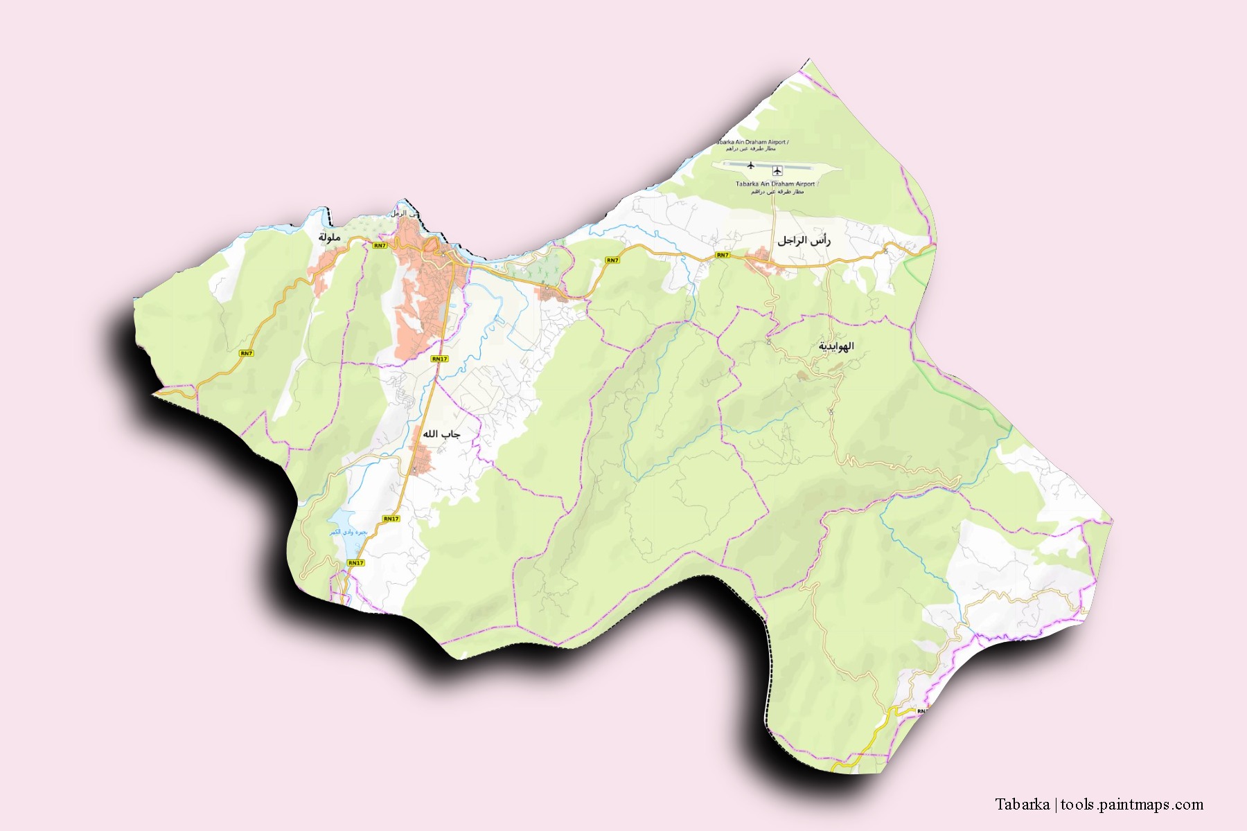 Tabarka neighborhoods and villages map with 3D shadow effect