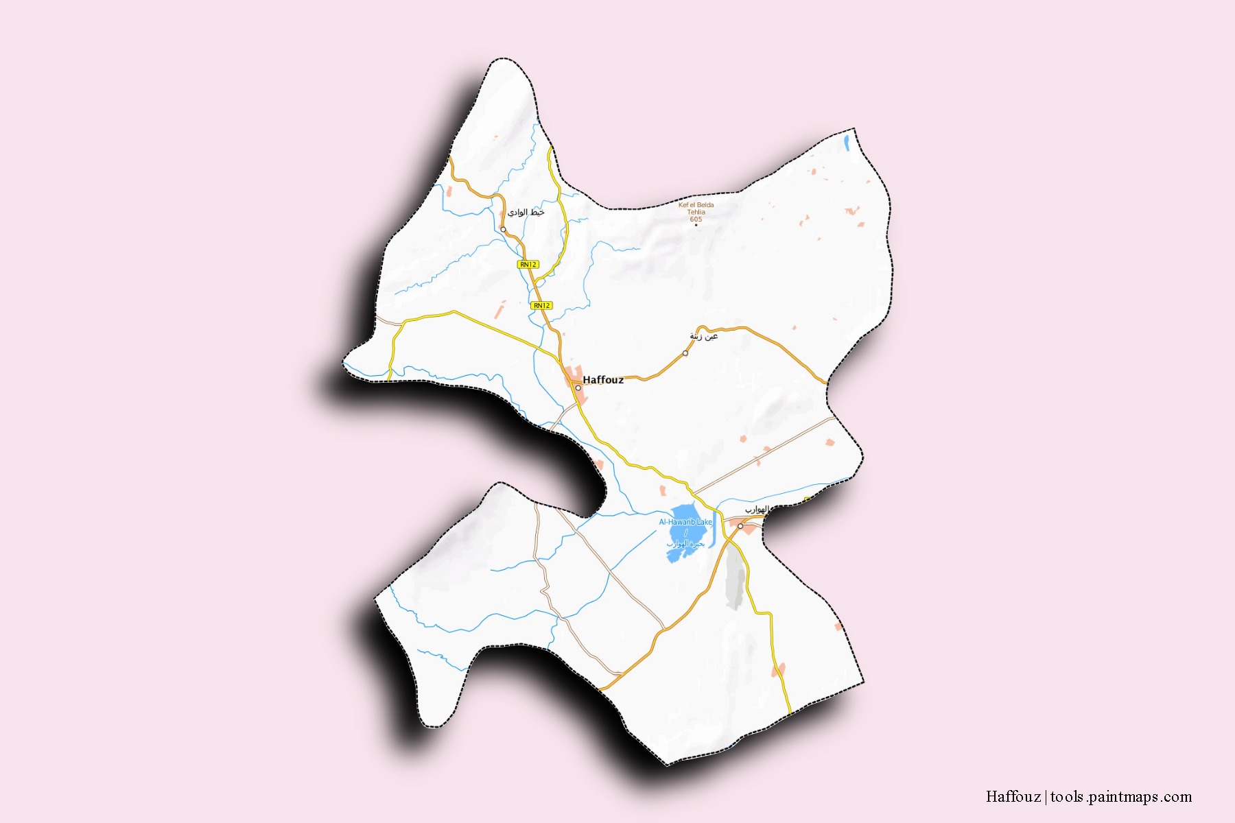 Mapa de barrios y pueblos de Haffouz con efecto de sombra 3D