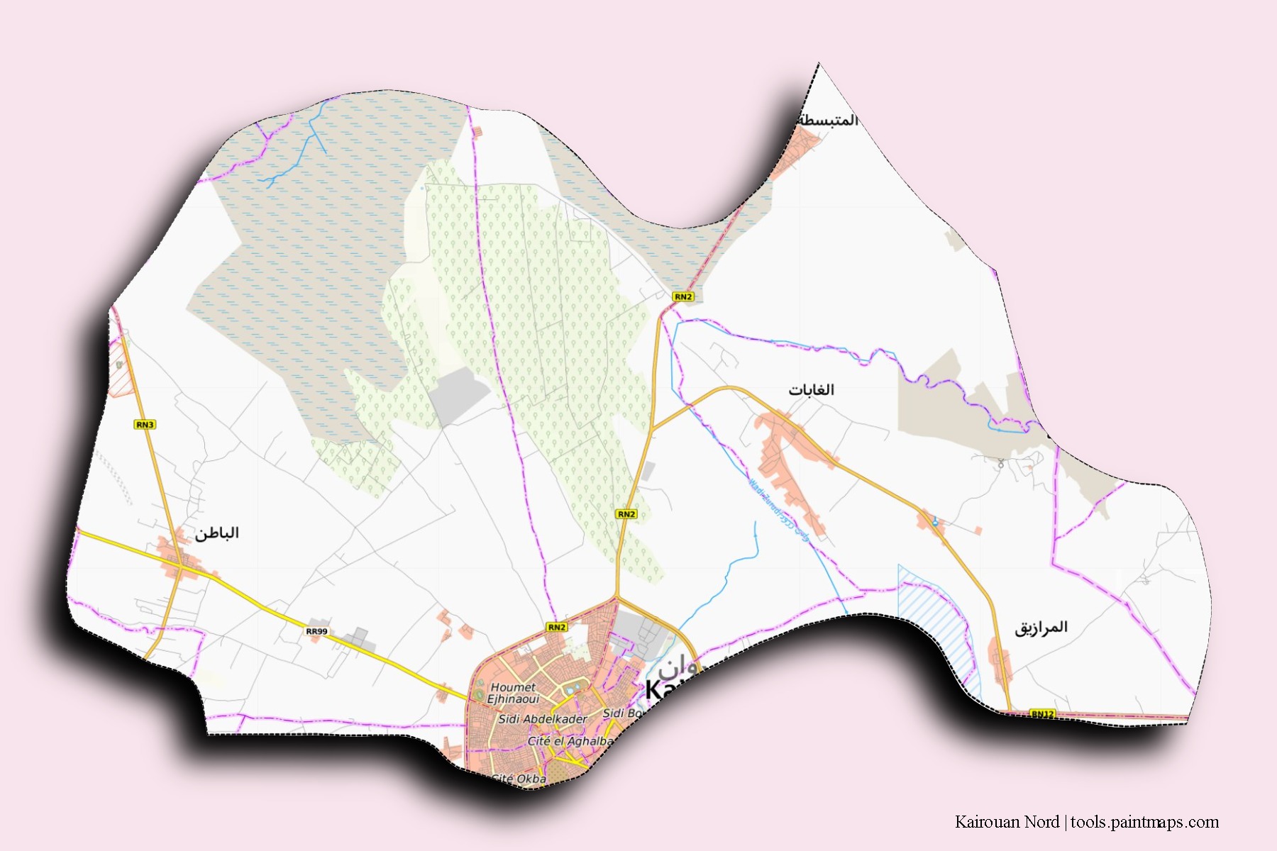 Mapa de barrios y pueblos de Kairouan Nord con efecto de sombra 3D