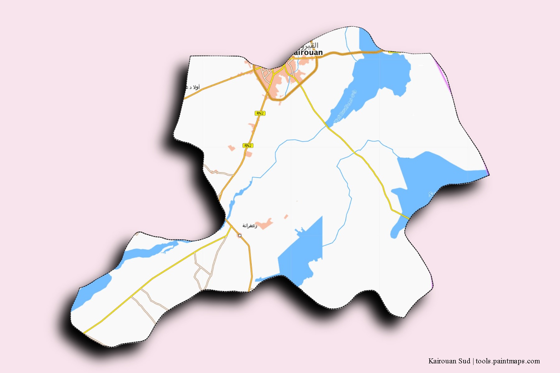 Kairouan Sud neighborhoods and villages map with 3D shadow effect