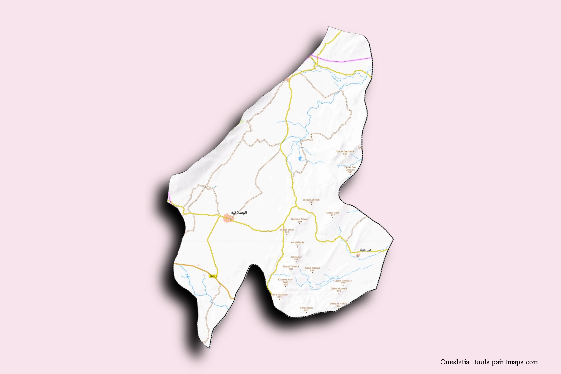 Mapa de barrios y pueblos de Oueslatia con efecto de sombra 3D