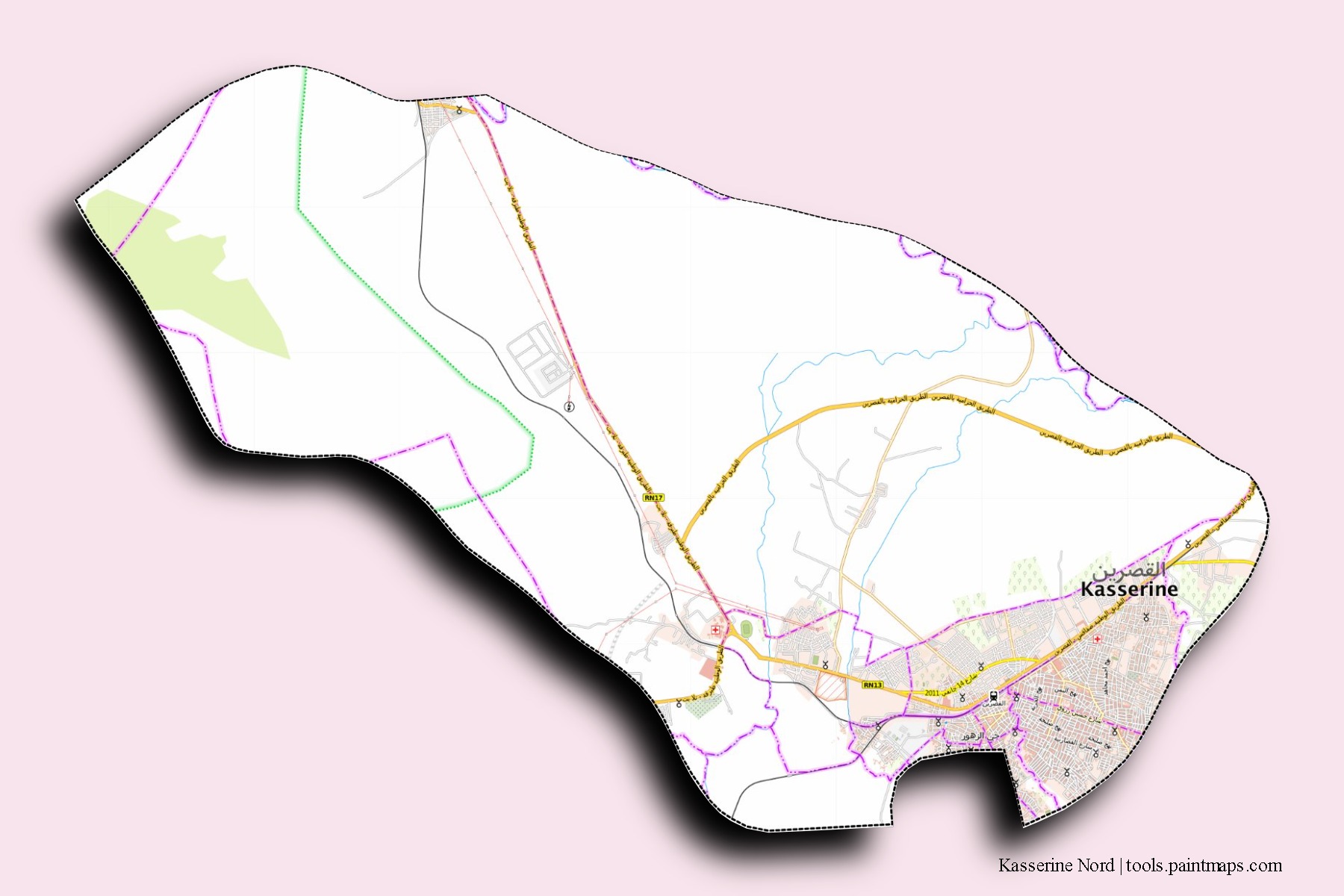 Kasserine Nord neighborhoods and villages map with 3D shadow effect