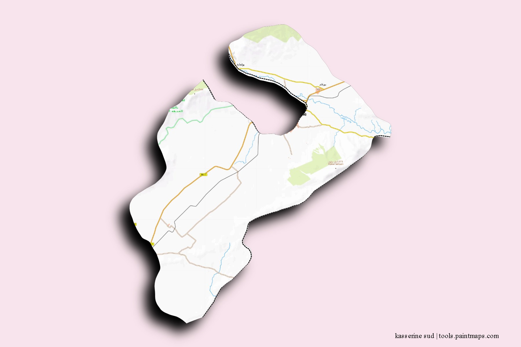 Kasserine Sud neighborhoods and villages map with 3D shadow effect