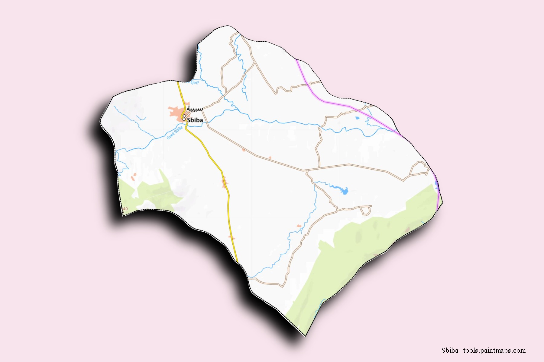 Mapa de barrios y pueblos de Sbiba con efecto de sombra 3D