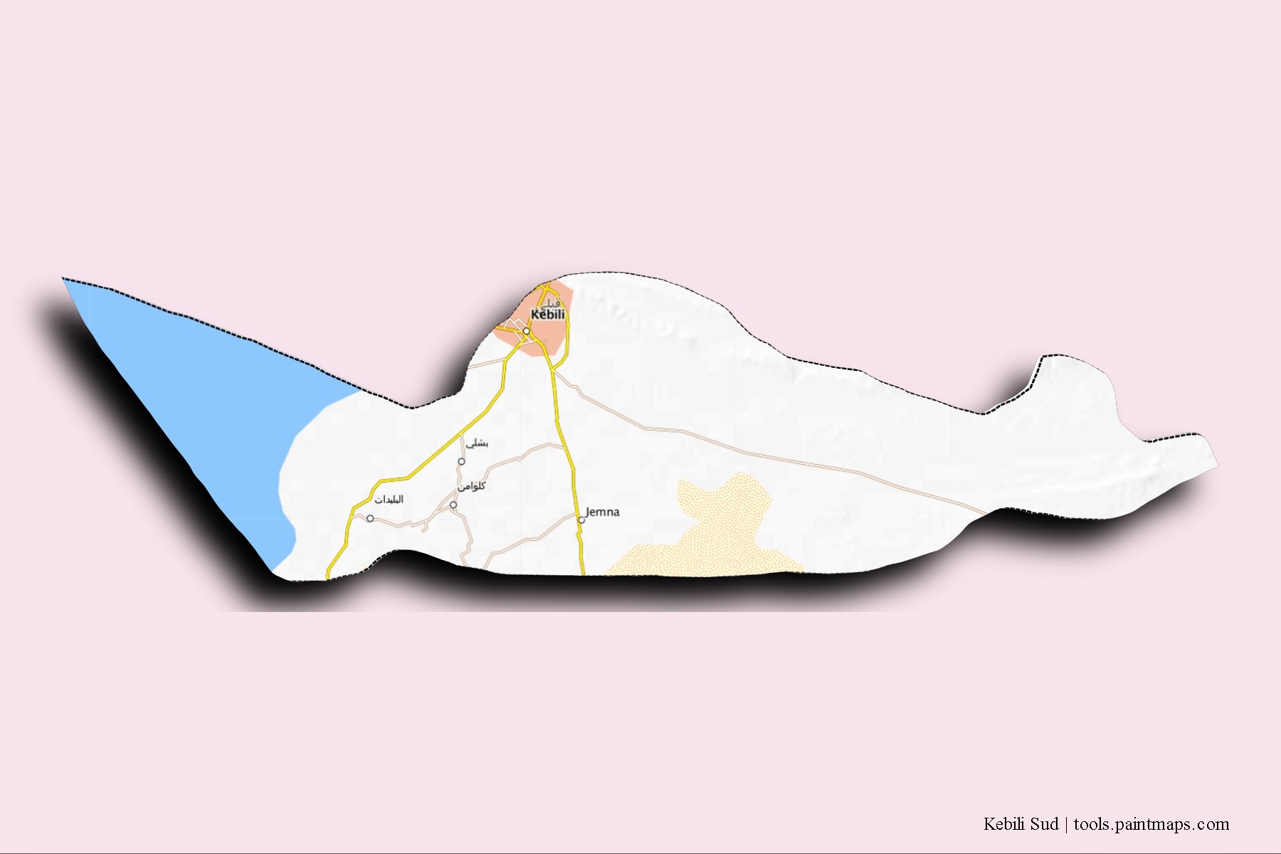 Kebili Sud neighborhoods and villages map with 3D shadow effect