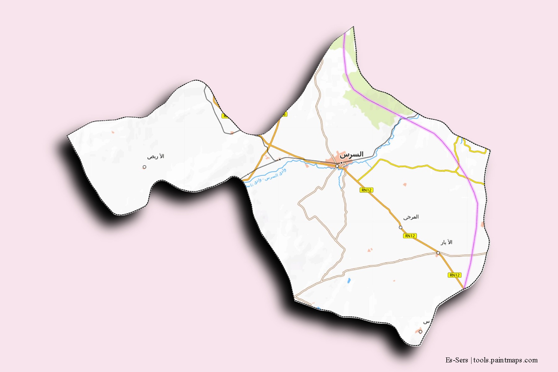 Mapa de barrios y pueblos de Es-Sers con efecto de sombra 3D