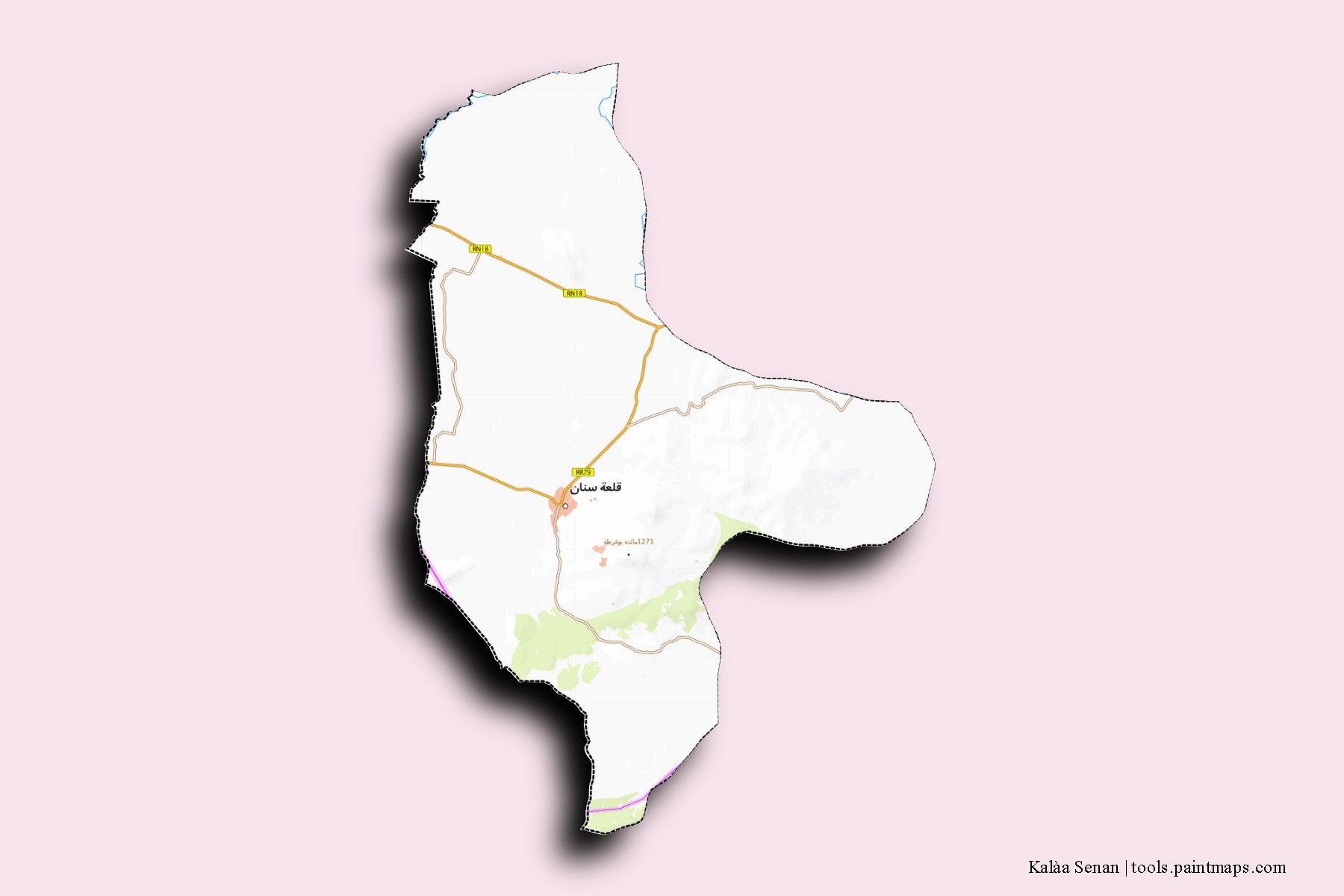 Mapa de barrios y pueblos de Kalàa Senan con efecto de sombra 3D