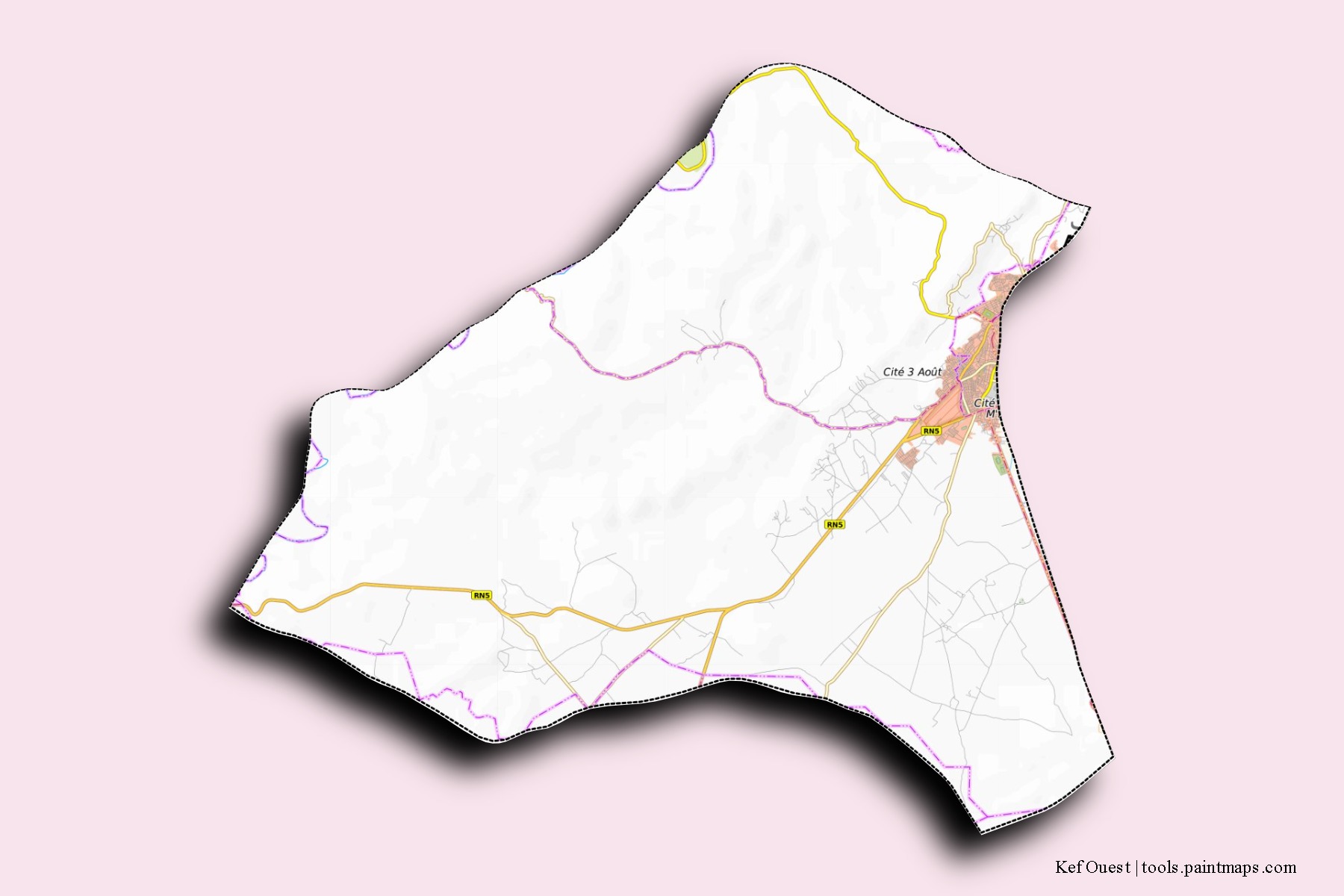 Mapa de barrios y pueblos de Kef Ouest con efecto de sombra 3D