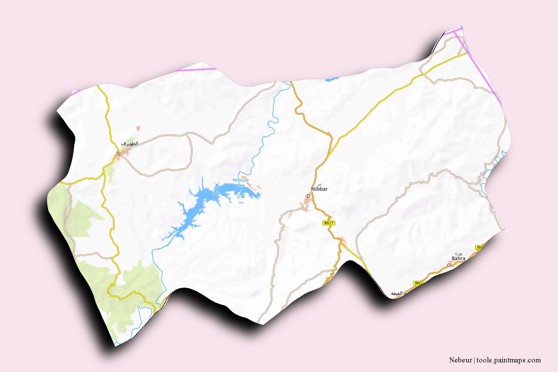 Mapa de barrios y pueblos de Nebeur con efecto de sombra 3D