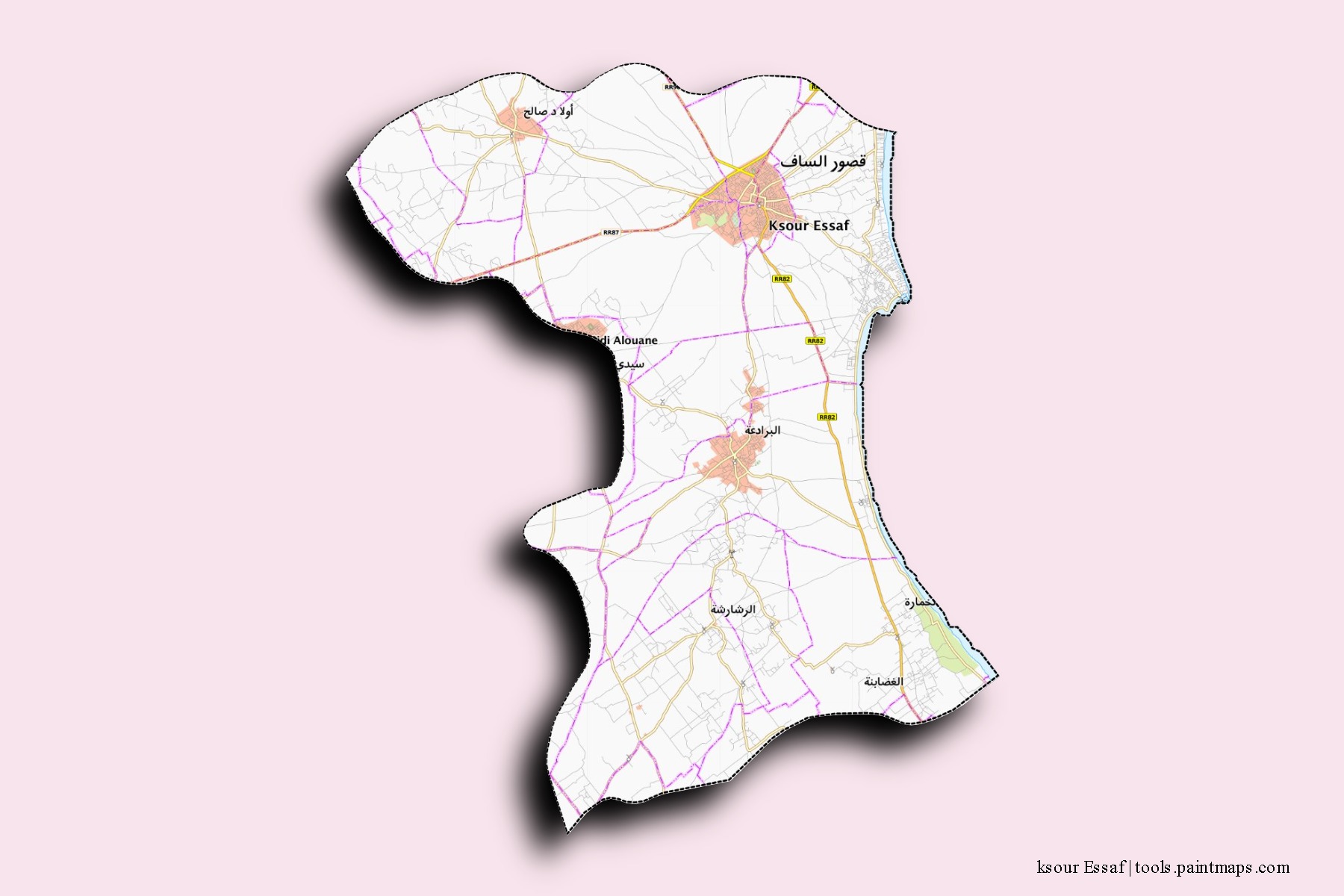 Ksour Essef neighborhoods and villages map with 3D shadow effect