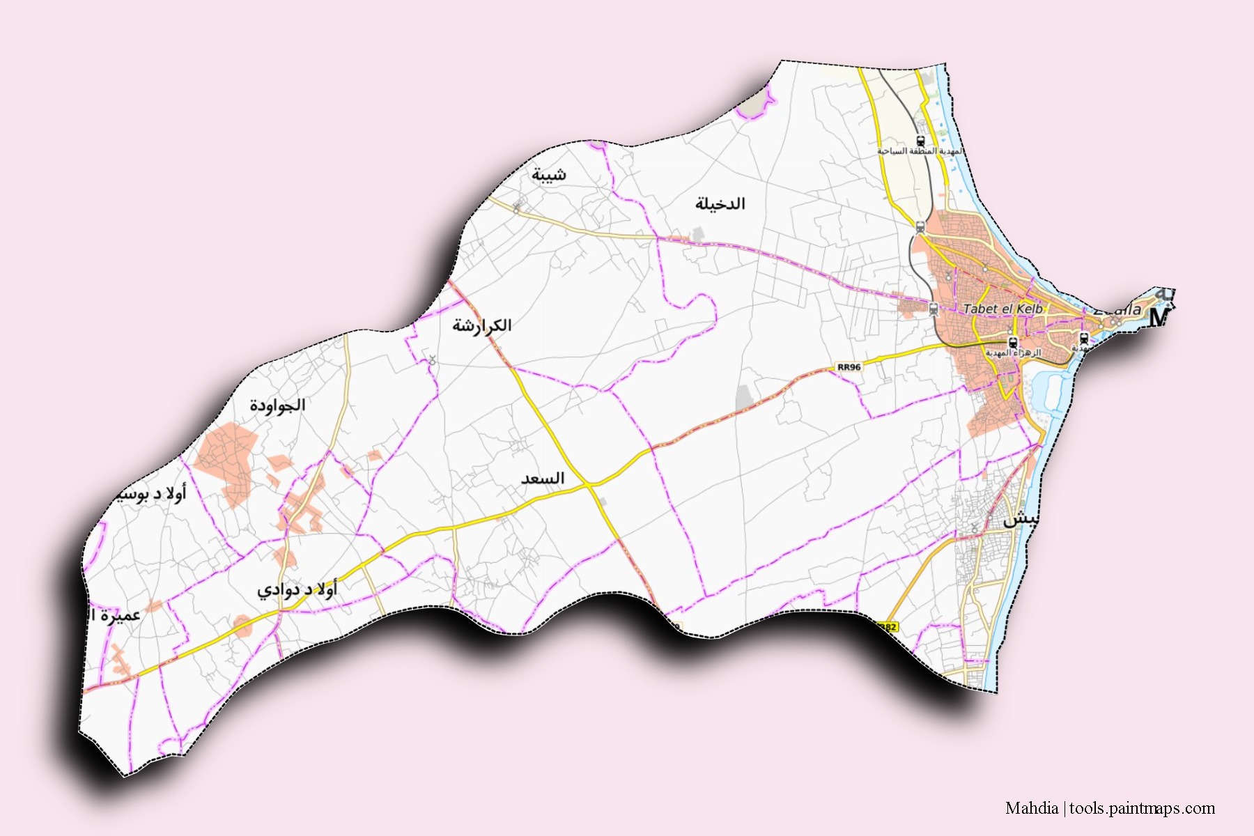 Mahdia neighborhoods and villages map with 3D shadow effect