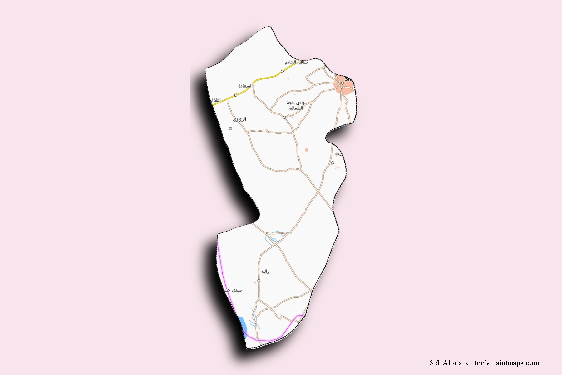 Mapa de barrios y pueblos de Sidi Alouane con efecto de sombra 3D