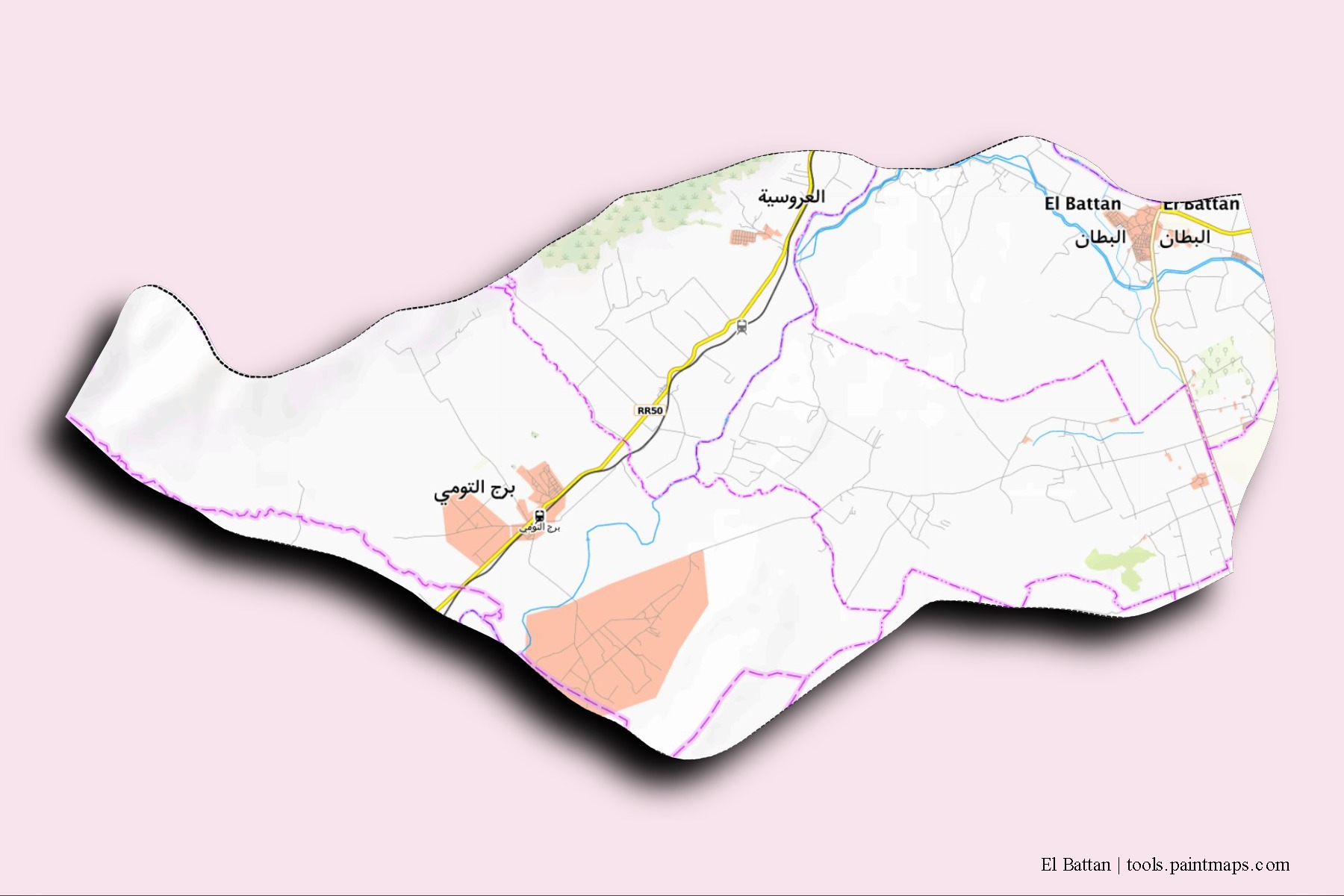 Mapa de barrios y pueblos de El Battan con efecto de sombra 3D