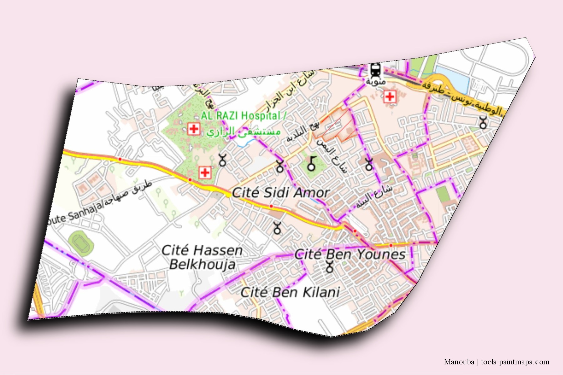 Manouba neighborhoods and villages map with 3D shadow effect