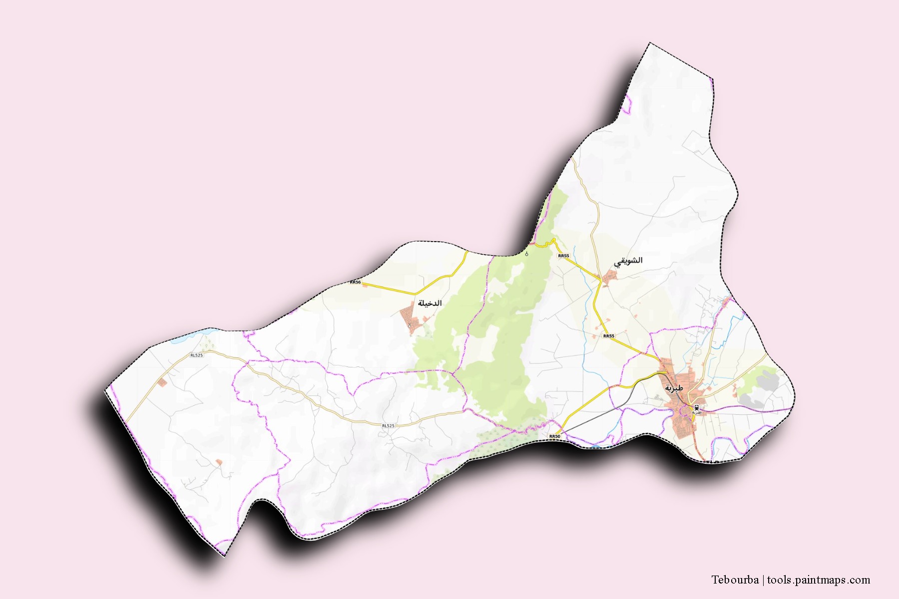 3D gölge efektli Tebourba mahalleleri ve köyleri haritası