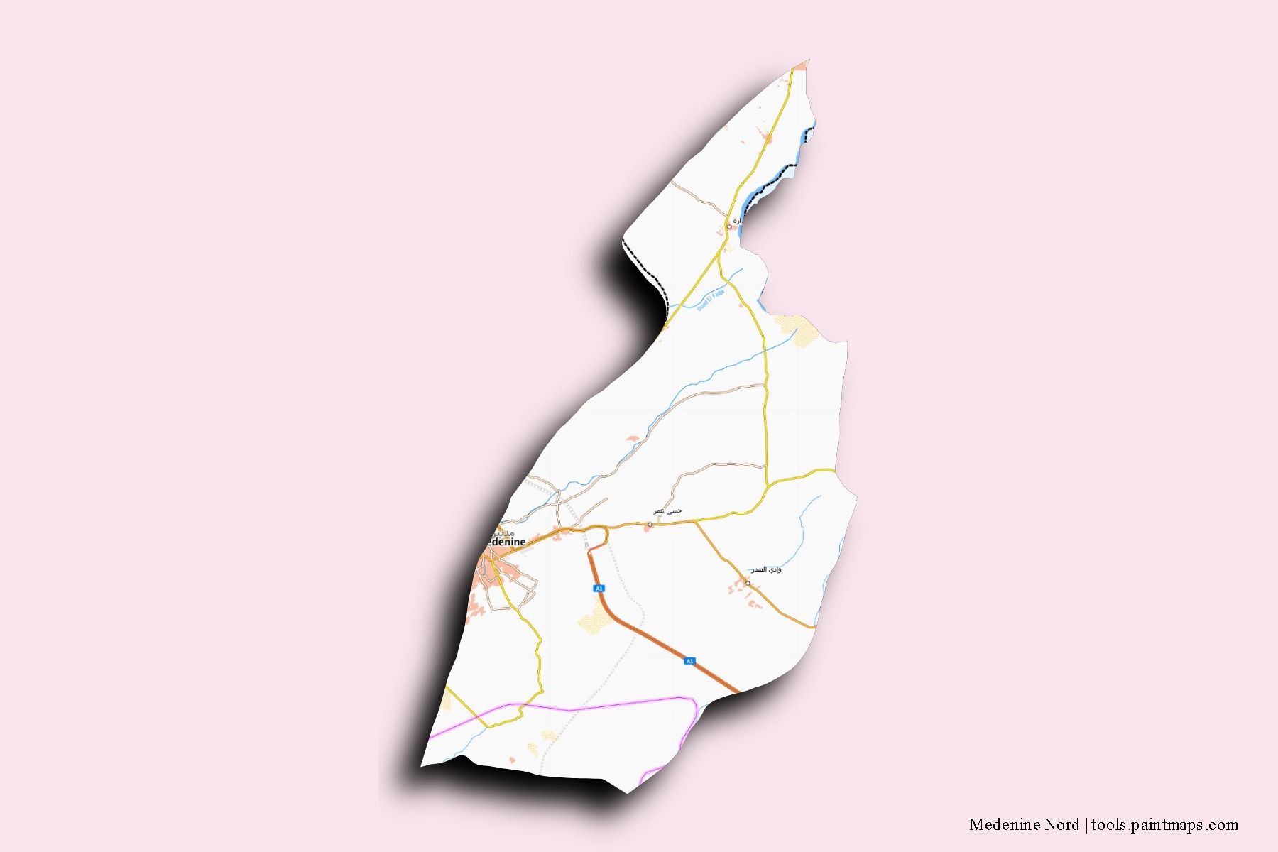 Médenine Nord neighborhoods and villages map with 3D shadow effect