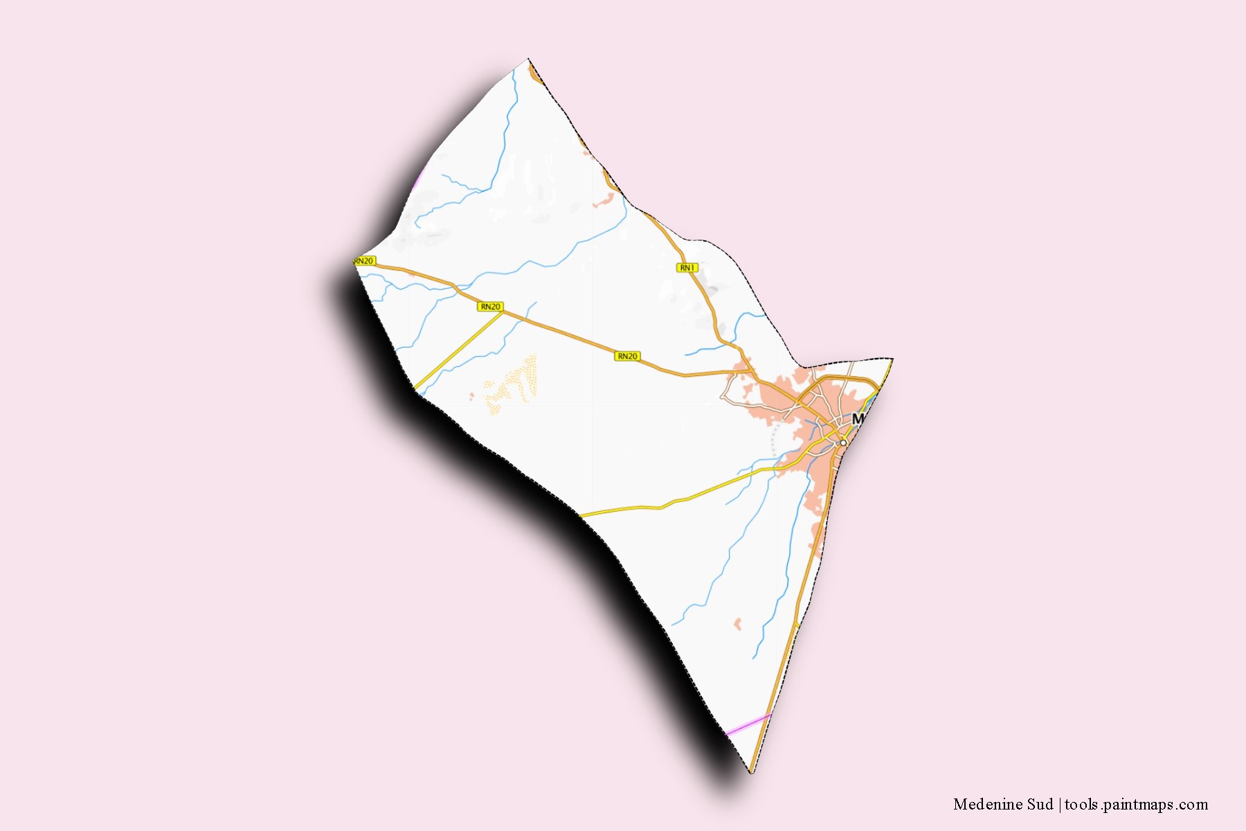 Mapa de barrios y pueblos de Medenine Sud con efecto de sombra 3D