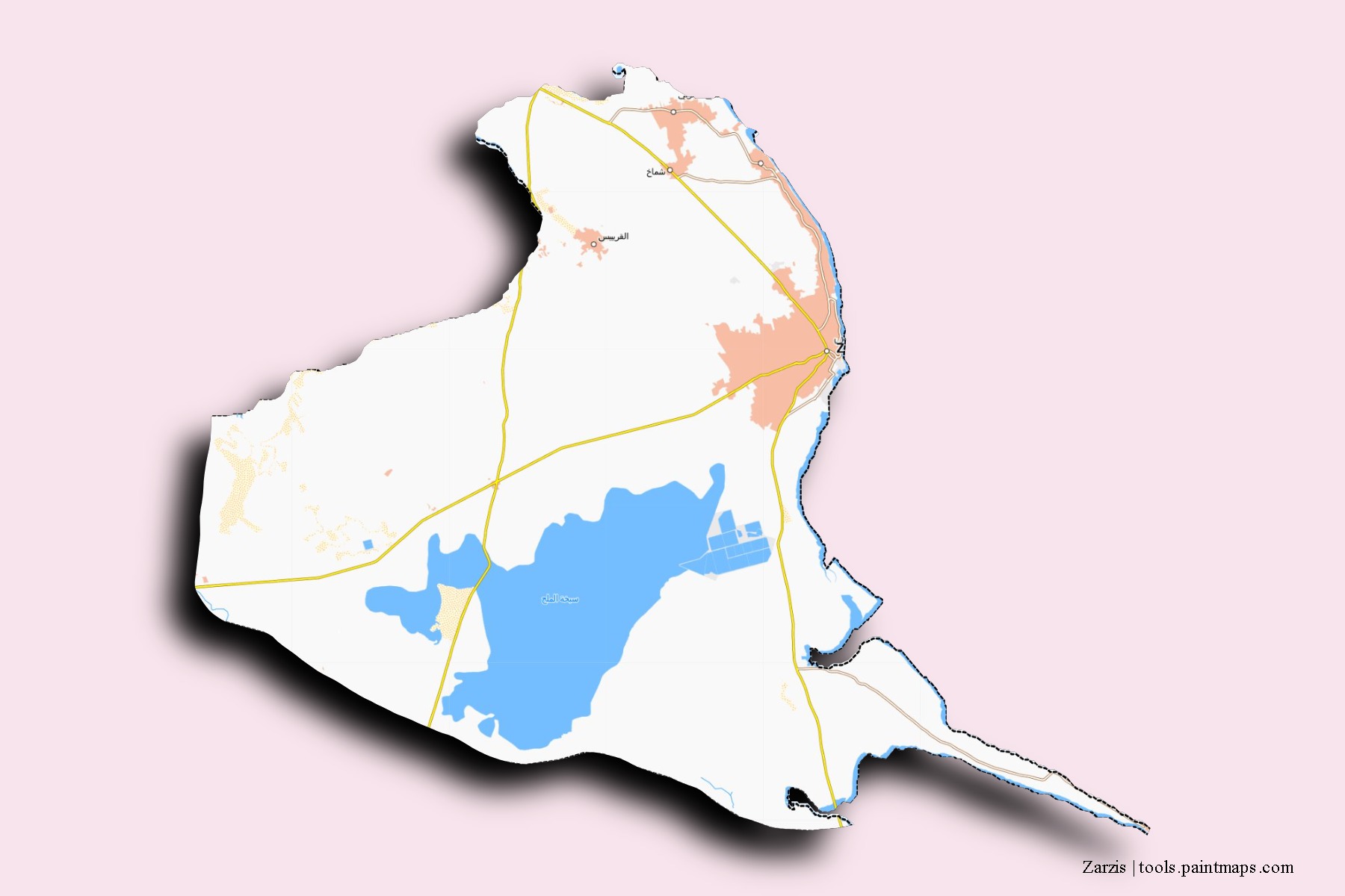Mapa de barrios y pueblos de Zarzis con efecto de sombra 3D
