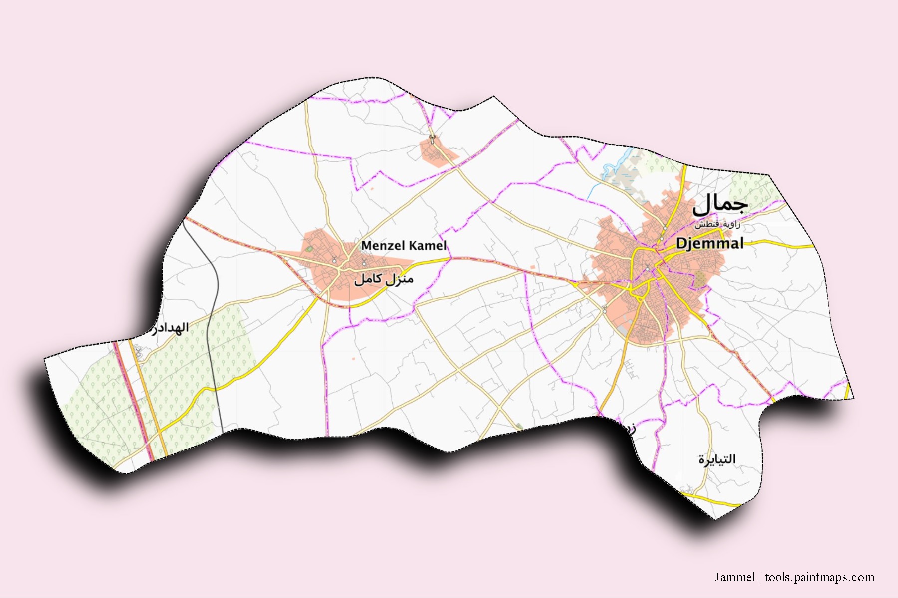 3D gölge efektli Jammel mahalleleri ve köyleri haritası