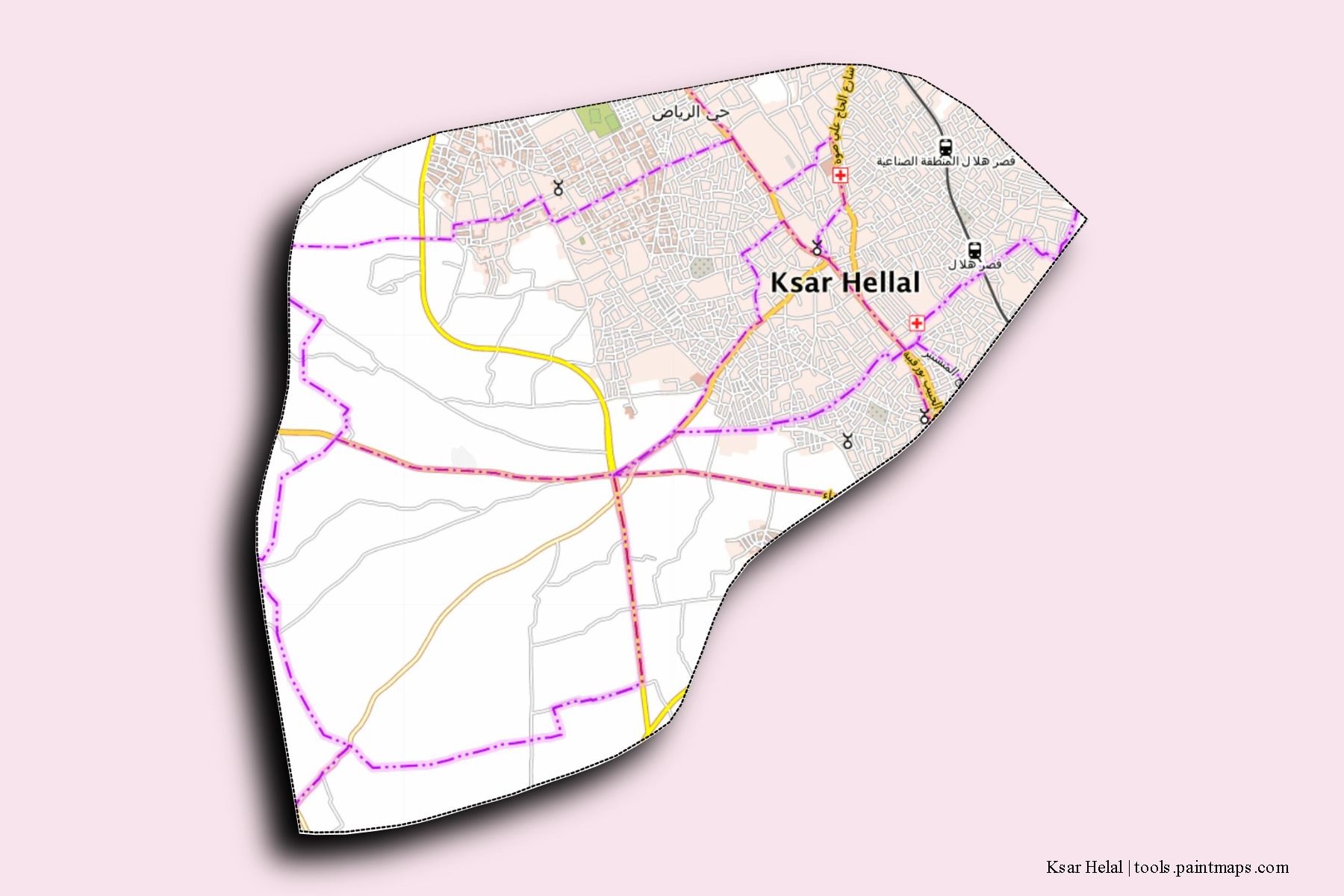 Mapa de barrios y pueblos de Ksar Helal con efecto de sombra 3D