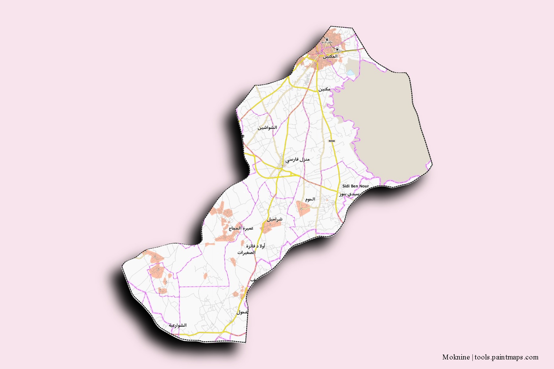 Mapa de barrios y pueblos de Moknine con efecto de sombra 3D