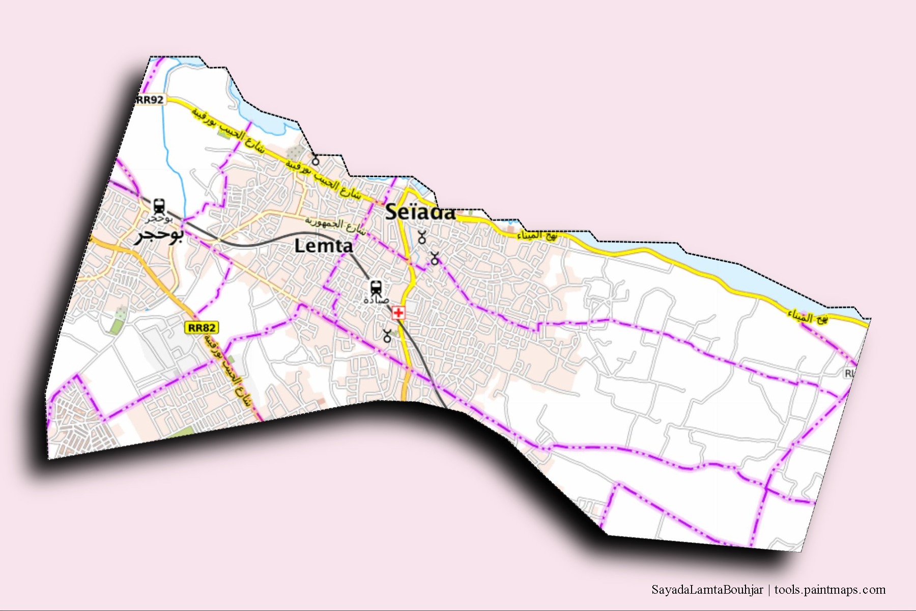 Mapa de barrios y pueblos de SayadaLamtaBouhjar con efecto de sombra 3D