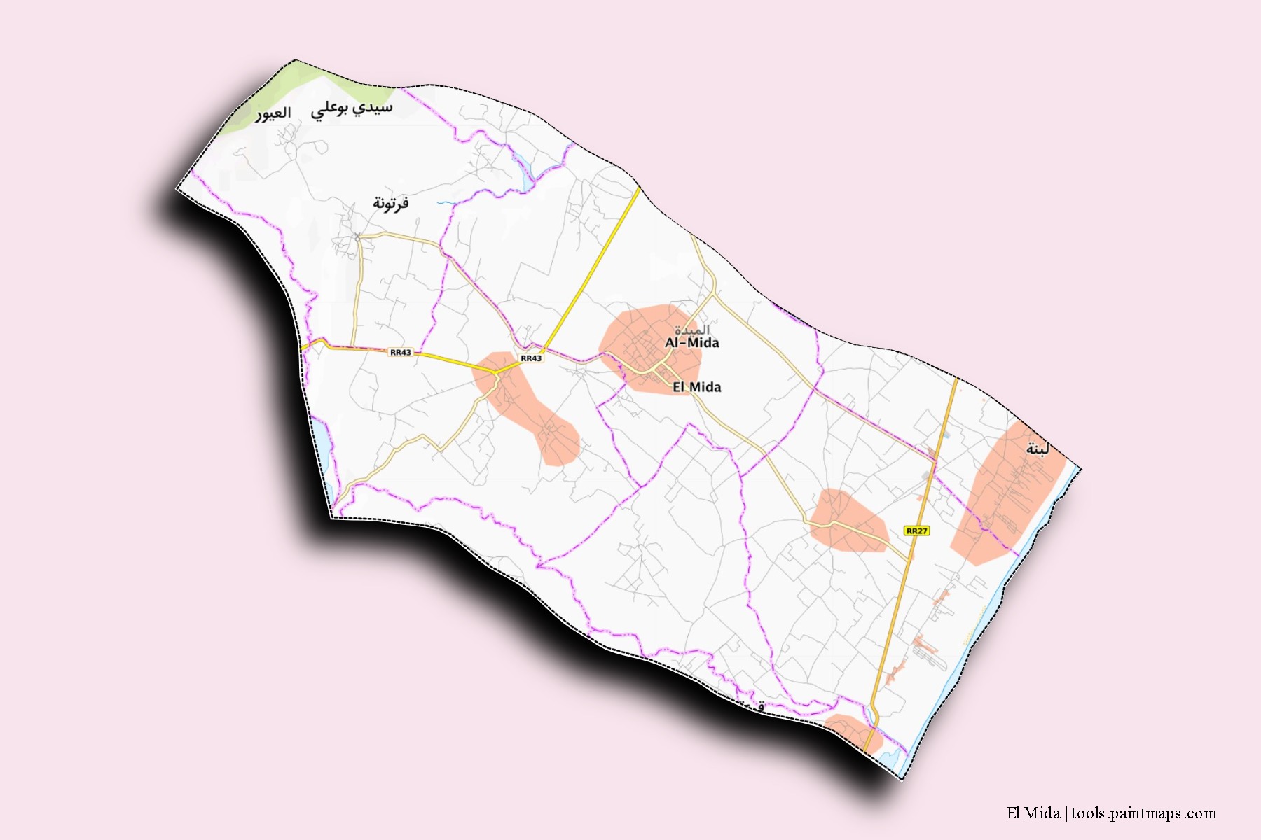 El Mida neighborhoods and villages map with 3D shadow effect