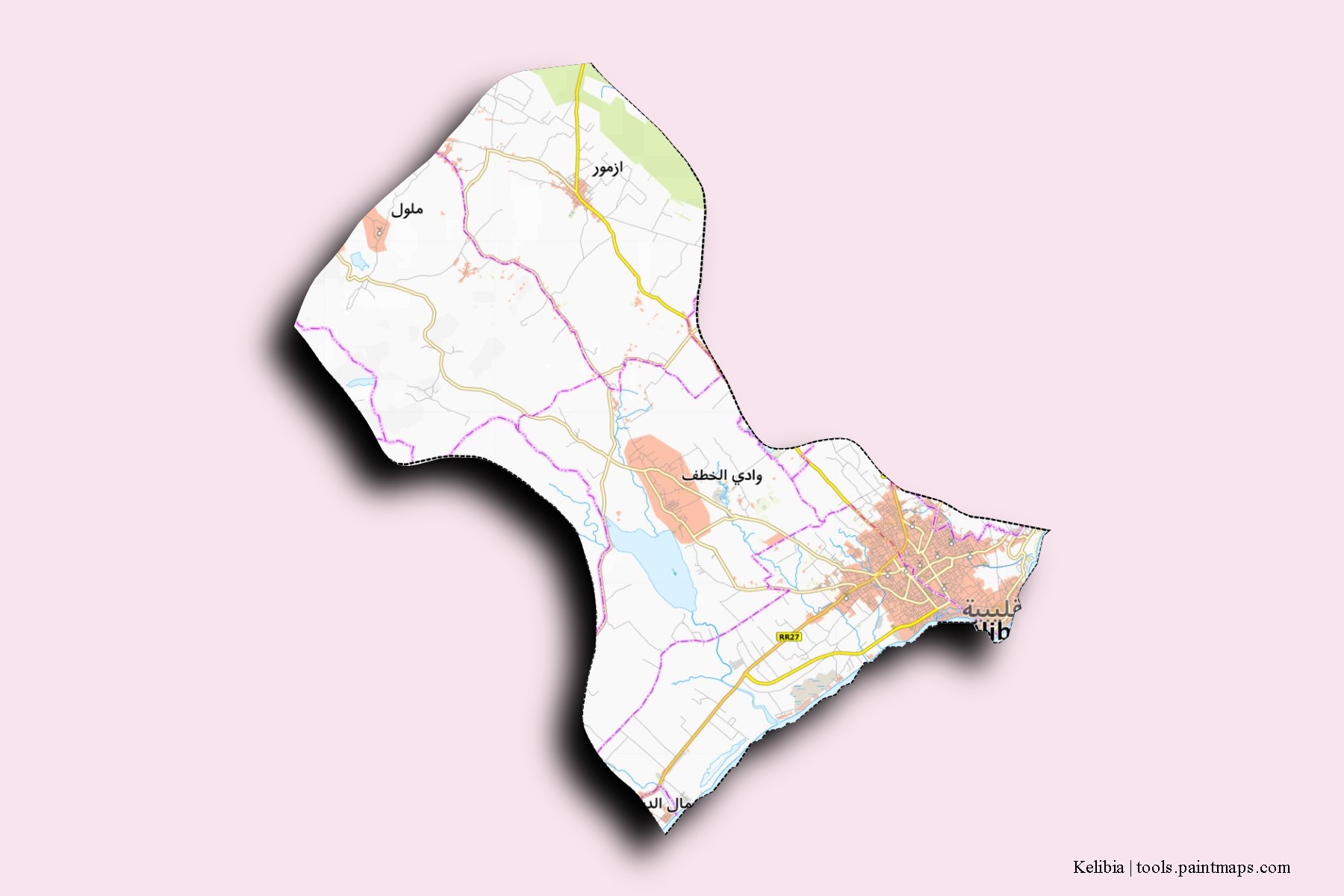 Mapa de barrios y pueblos de Kelibia con efecto de sombra 3D