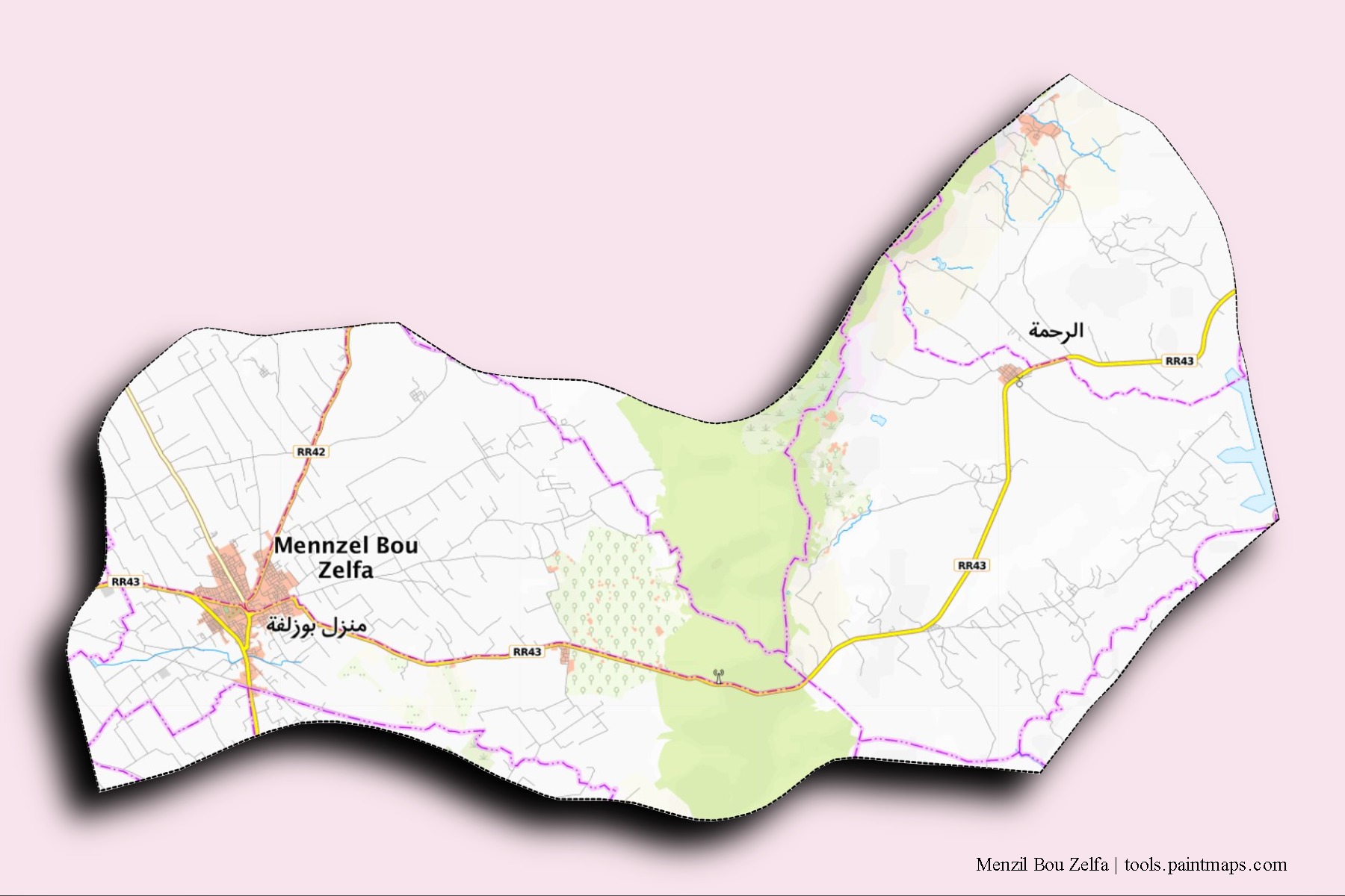 3D gölge efektli Menzil Bou Zelfa mahalleleri ve köyleri haritası