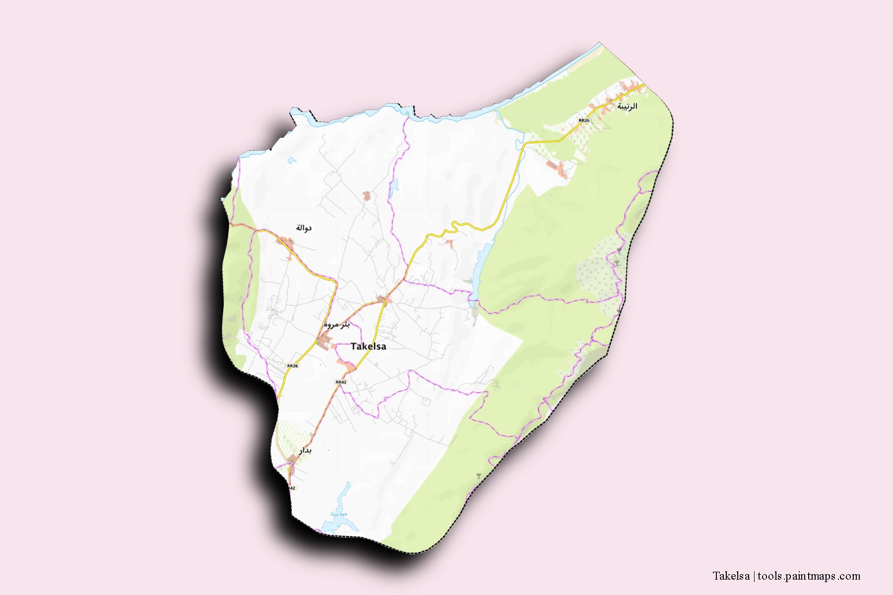 Takelsa neighborhoods and villages map with 3D shadow effect