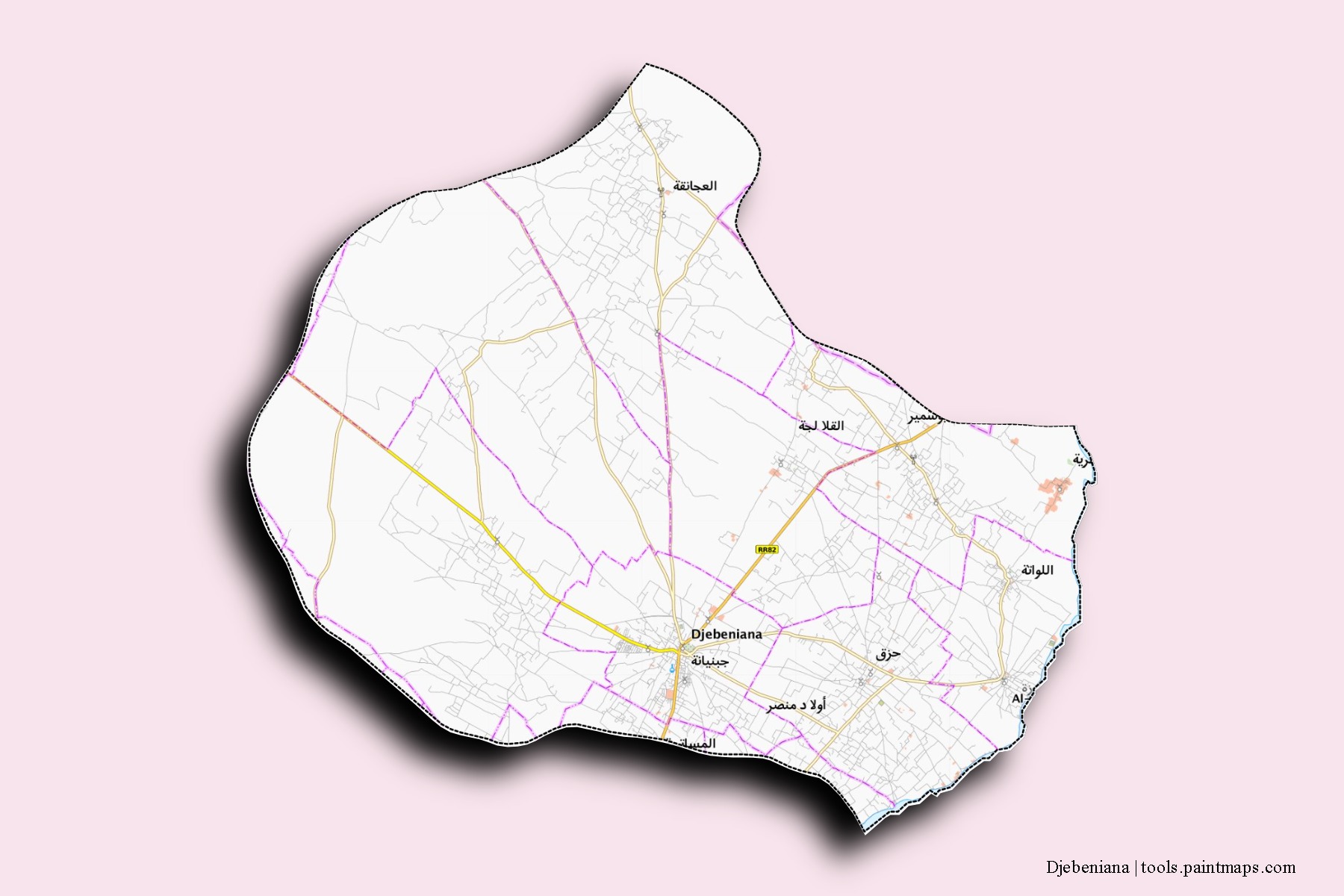 Jebeniana neighborhoods and villages map with 3D shadow effect