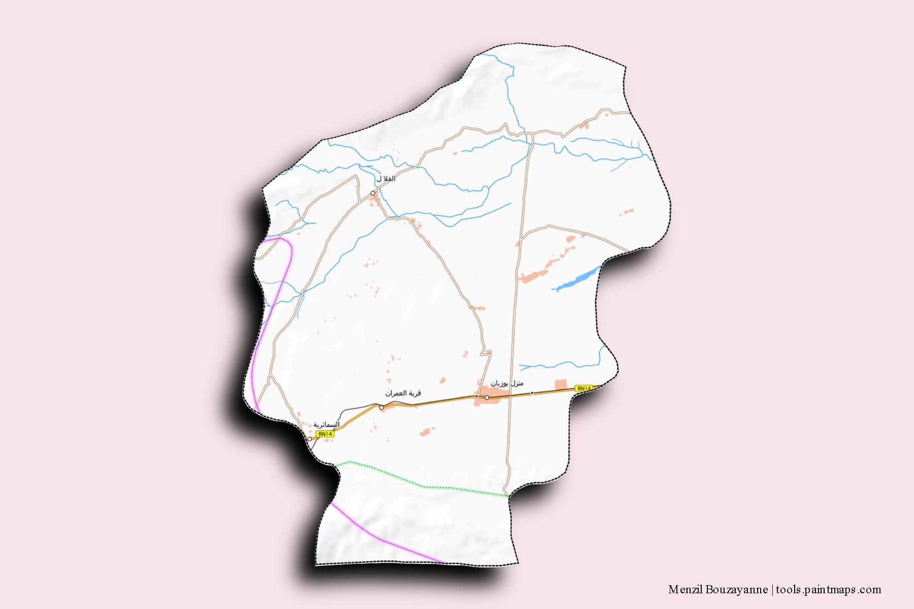 Mapa de barrios y pueblos de Menzil Bouzayanne con efecto de sombra 3D