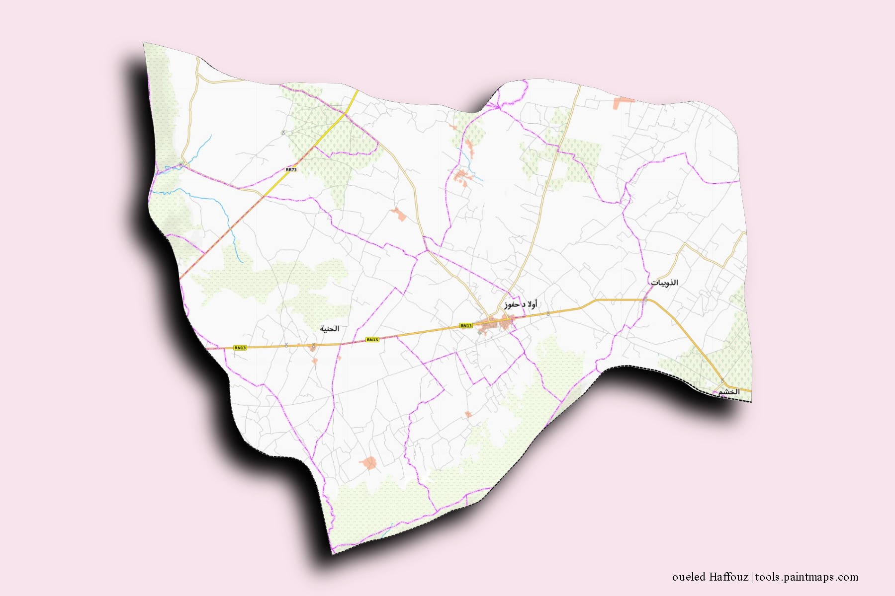 Ouled Haffouz neighborhoods and villages map with 3D shadow effect