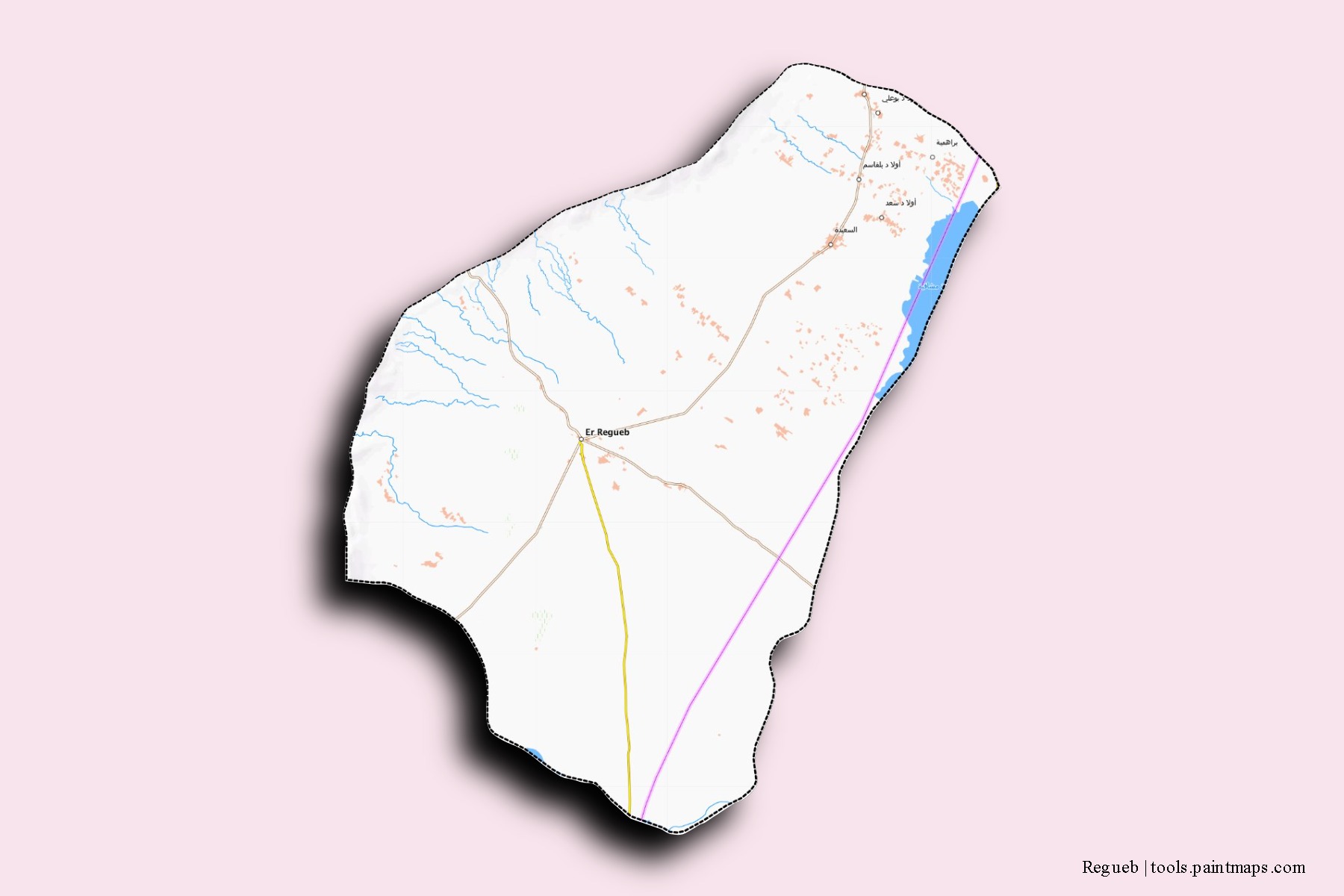 Regueb neighborhoods and villages map with 3D shadow effect