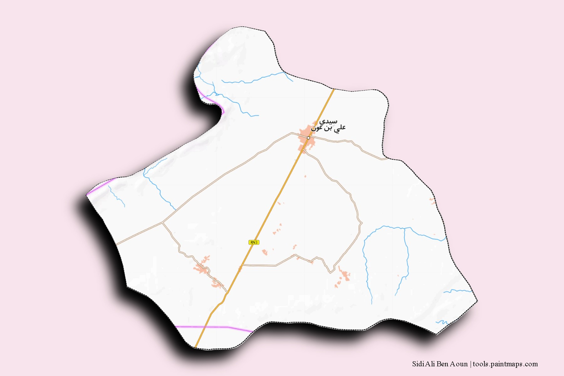 Mapa de barrios y pueblos de Sidi Ali Ben Aoun con efecto de sombra 3D