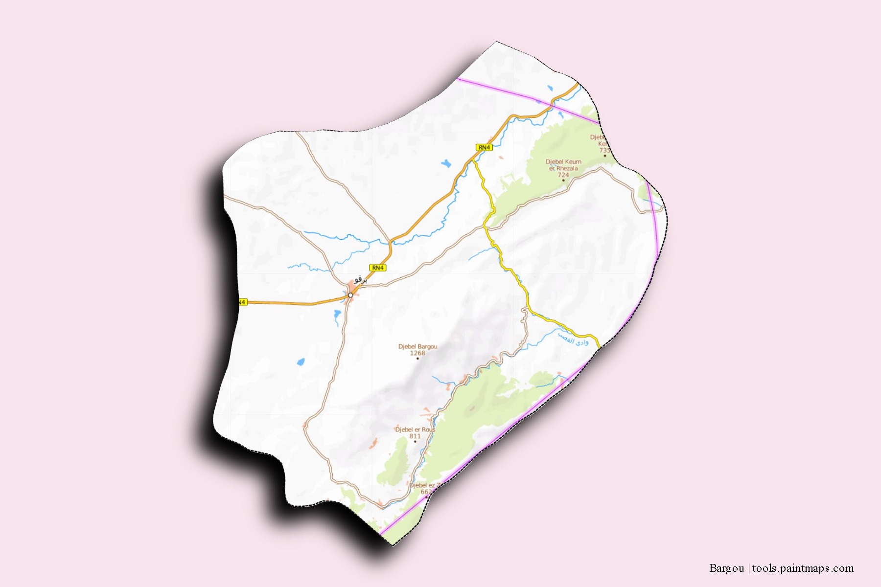 Mapa de barrios y pueblos de Bargou con efecto de sombra 3D